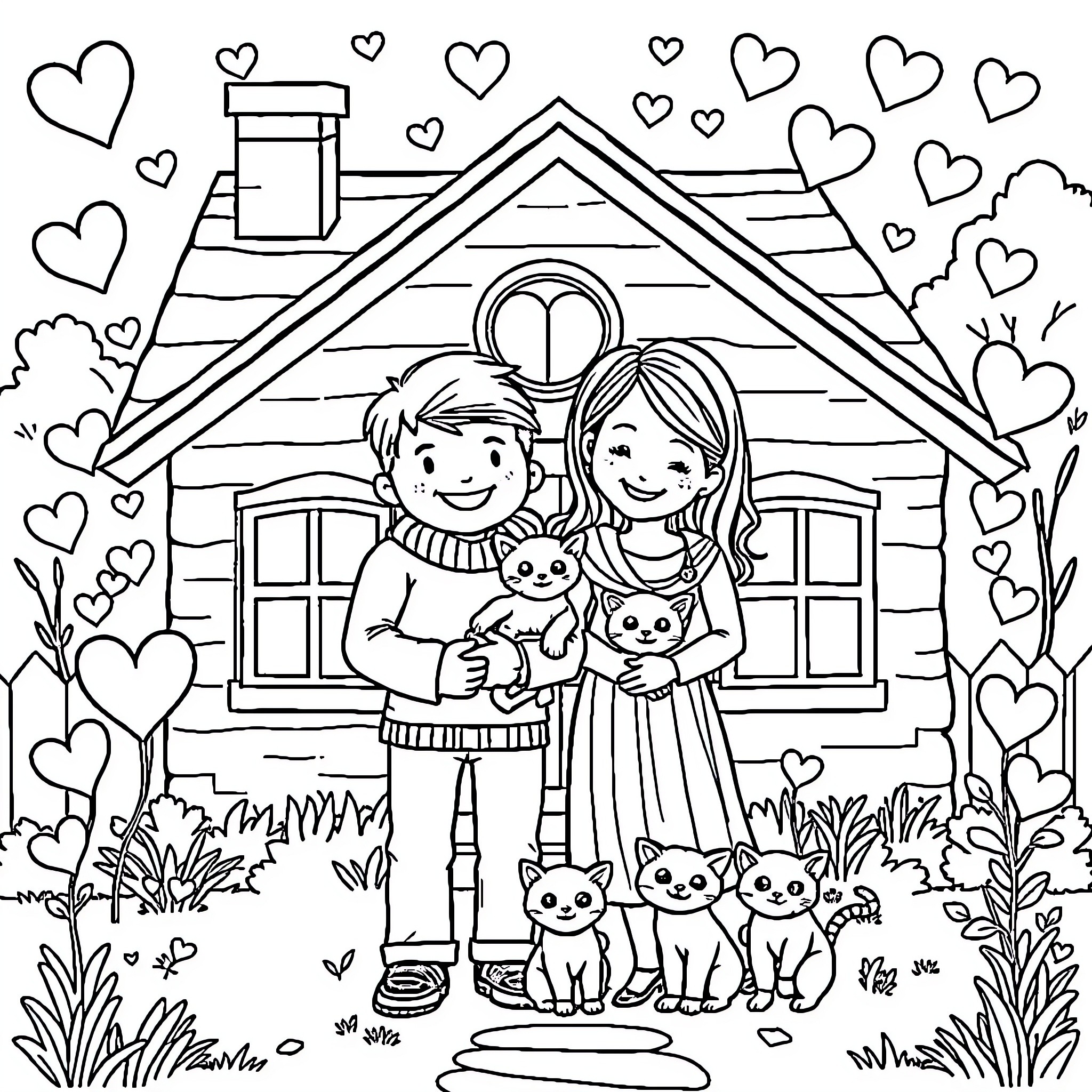 Cat family with pets in front of home Coloring Page (free black-and-white line drawing printable PDF for all, from beginners to advanced learners, including children, teens, adults, and seniors)