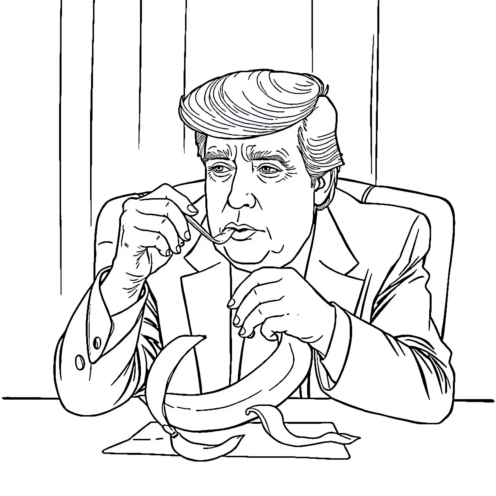 Donald Trump in pensive contemplation Coloring Page (free black-and-white line drawing printable PDF for all, from beginners to advanced learners, including children, teens, adults, and seniors)