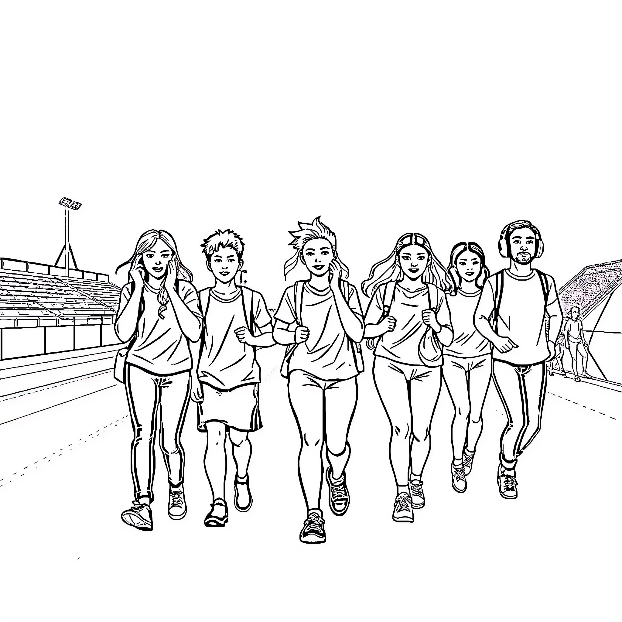 Students running together on a track Coloring Page (free black-and-white line drawing printable PDF for all, from beginners to advanced learners, including children, teens, adults, and seniors)