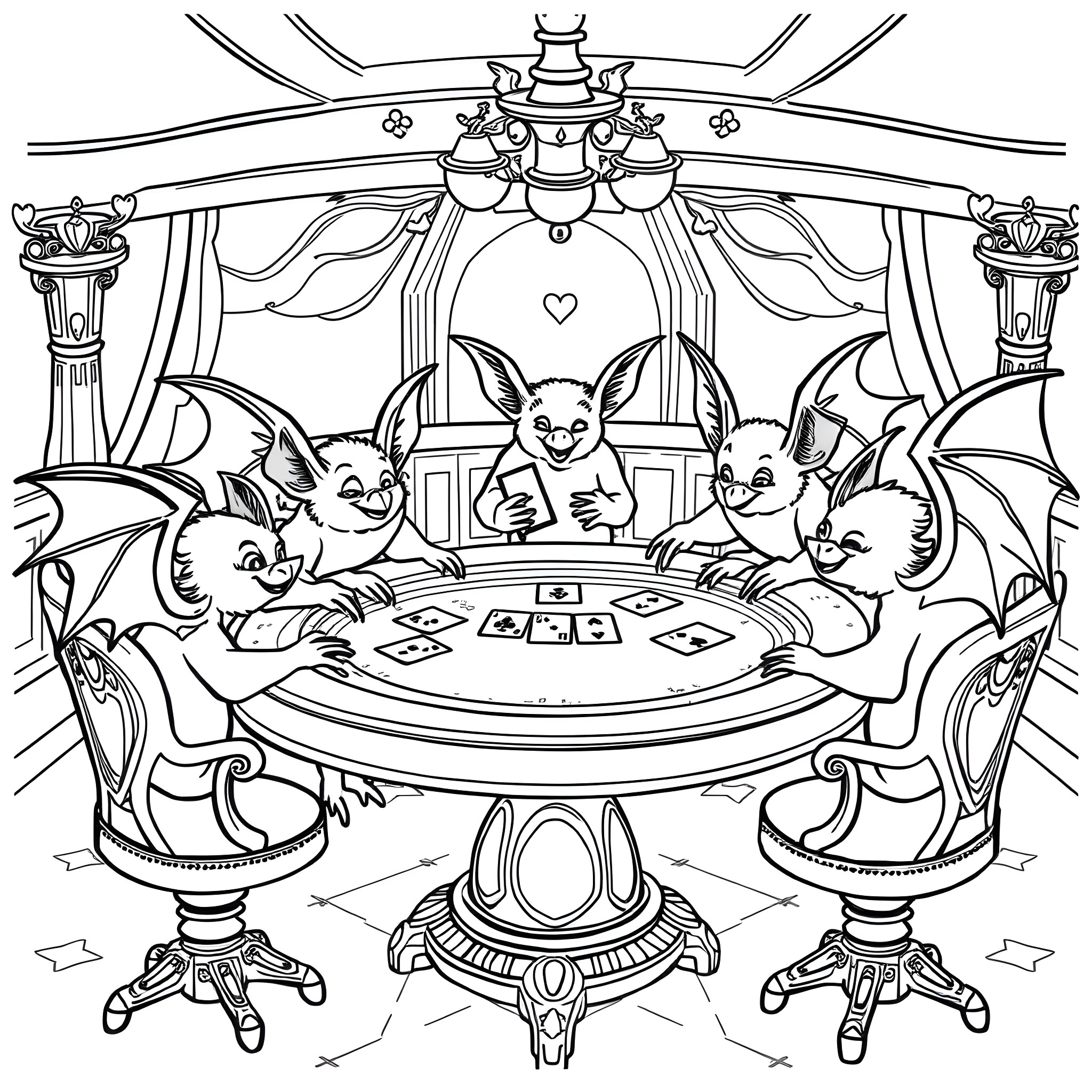 Bat friends playing cards in a fancy hall Coloring Page (free black-and-white line drawing printable PDF for all, from beginners to advanced learners, including children, teens, adults, and seniors)