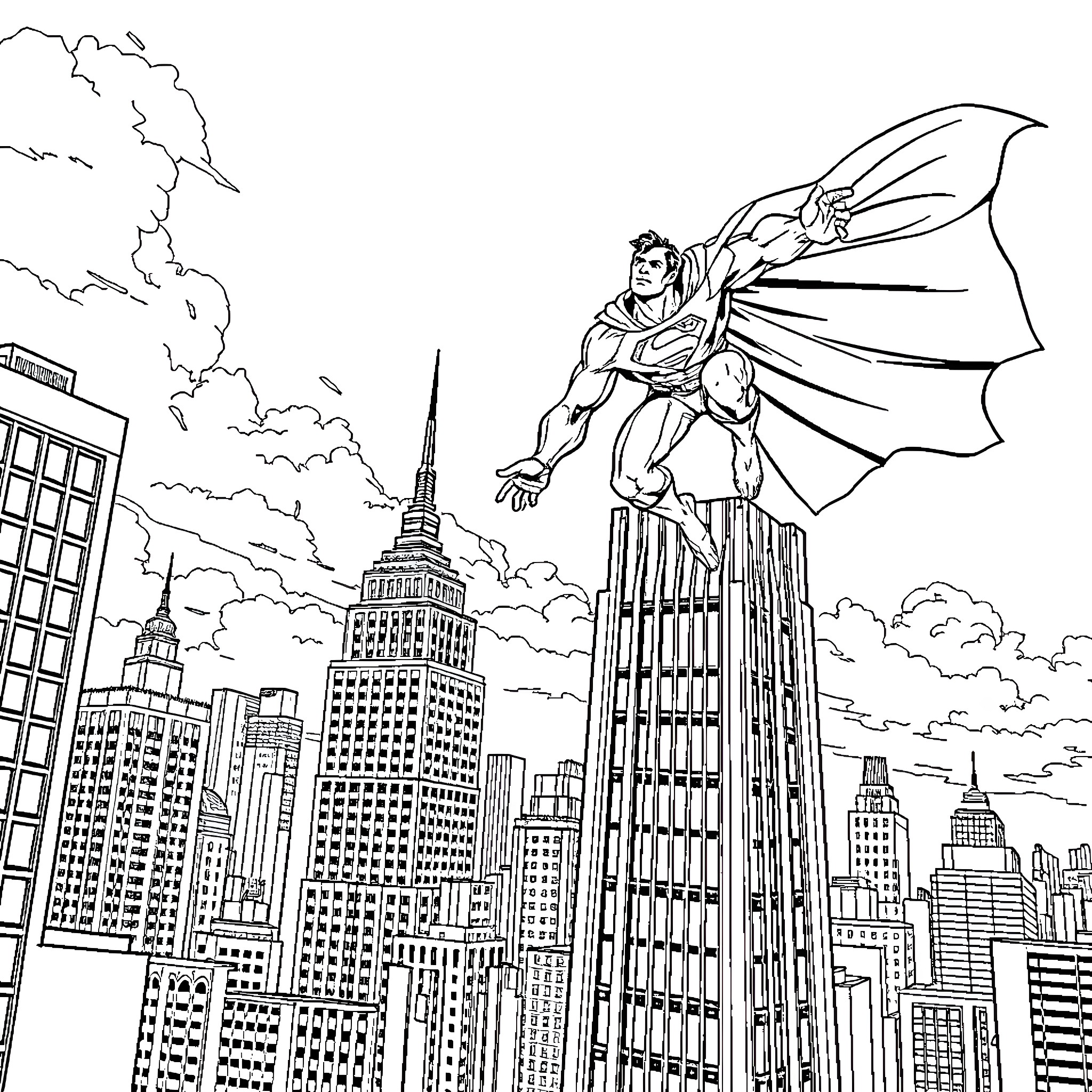 Superman soaring over the cityscape Coloring Page (free black-and-white line drawing printable PDF for all, from beginners to advanced learners, including children, teens, adults, and seniors)