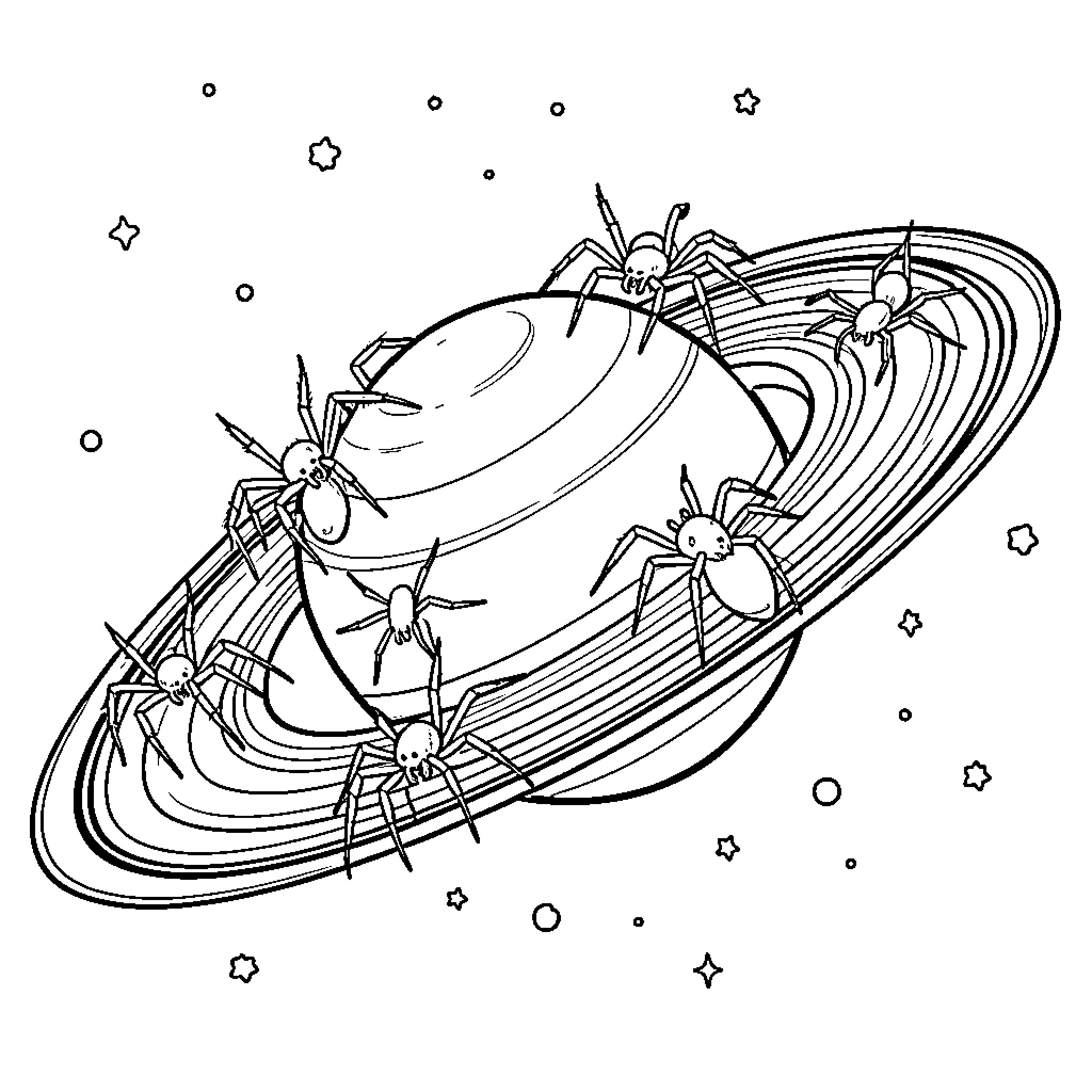 Spider Spins Cosmic Web Amidst the Stars Coloring Page (free black-and-white line drawing printable PDF for all, from beginners to advanced learners, including children, teens, adults, and seniors)