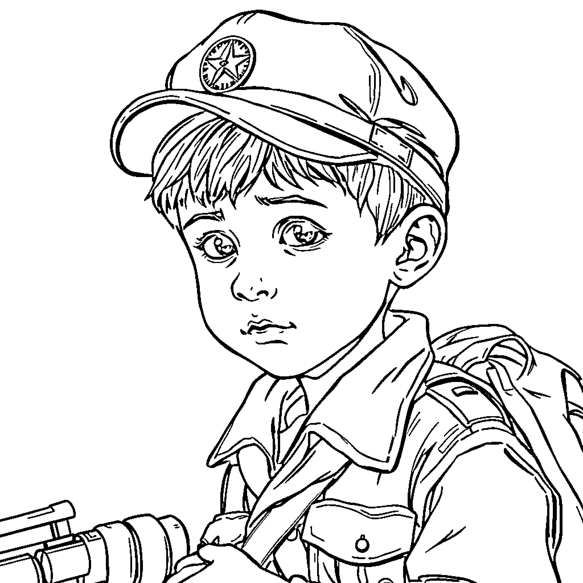 Boy in police officer uniform looking serious Coloring Page (free black-and-white line drawing printable PDF for all, from beginners to advanced learners, including children, teens, adults, and seniors)