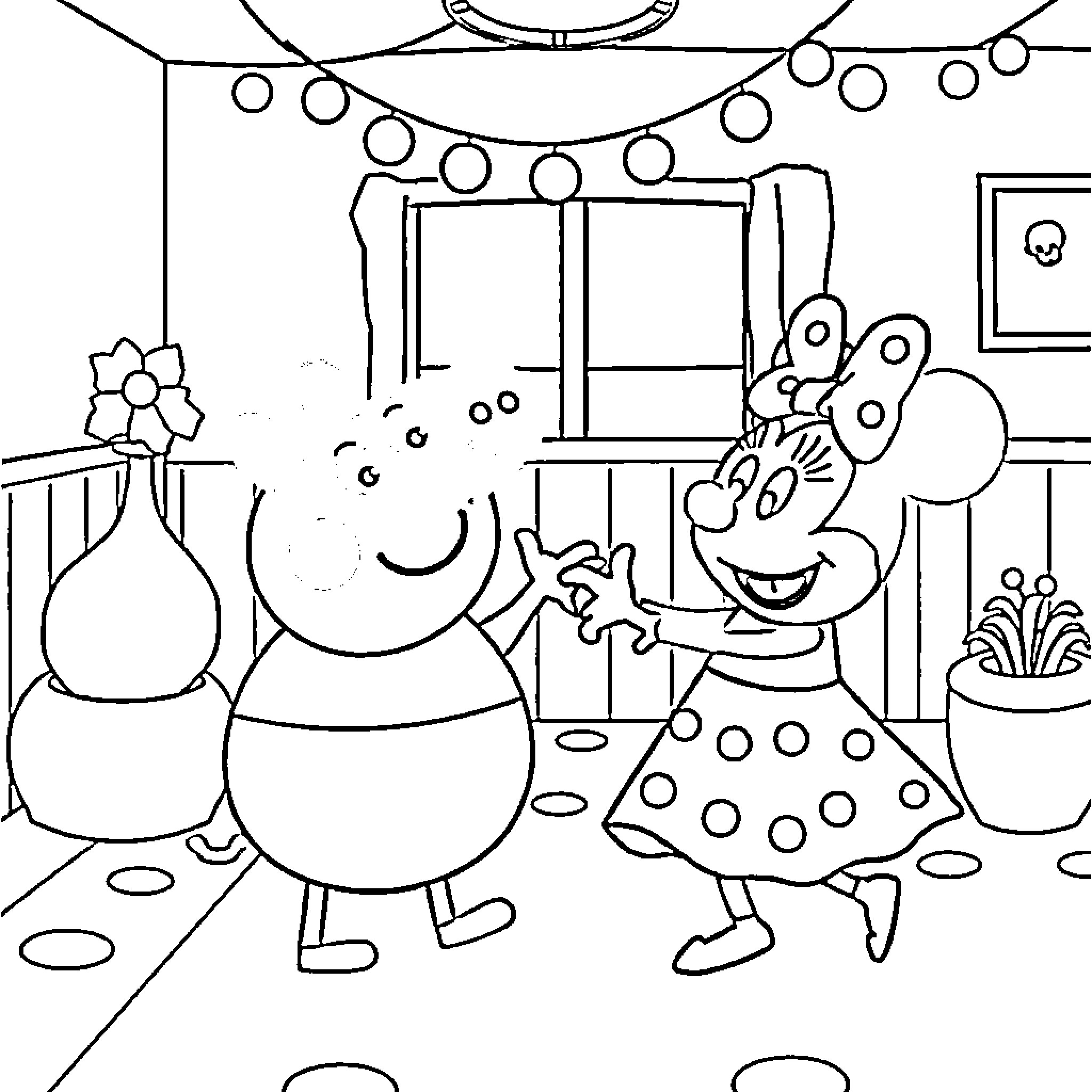 Peppa Pig having fun with friends in a decorated room Coloring Page (free black-and-white line drawing printable PDF for all, from beginners to advanced learners, including children, teens, adults, and seniors)