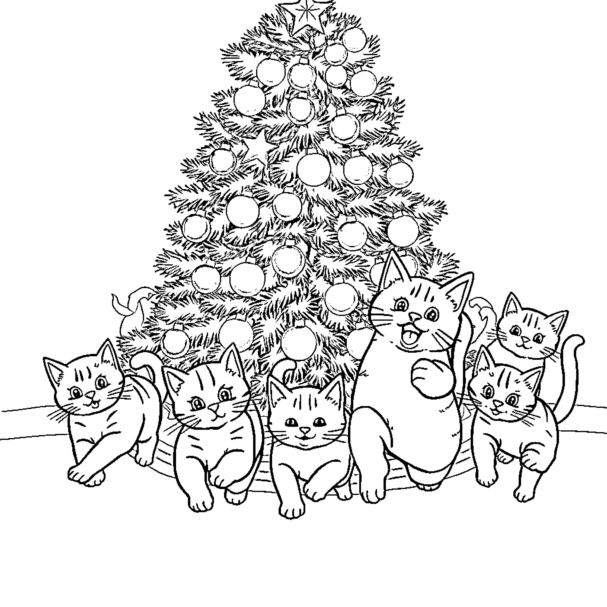 Cats playing near the Christmas tree Coloring Page (free black-and-white line drawing printable PDF for all, from beginners to advanced learners, including children, teens, adults, and seniors)
