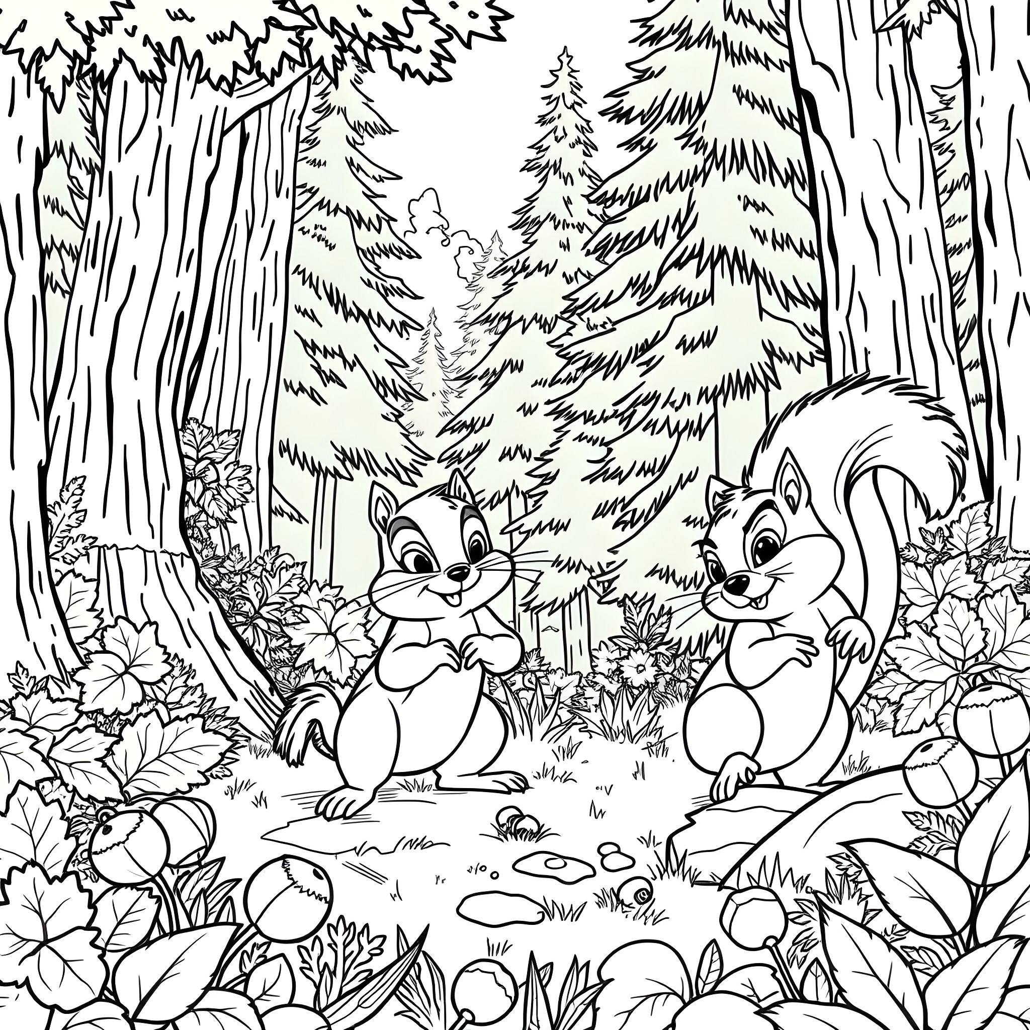 Chip and Chipmunk in the Woodland Coloring Page (free black-and-white line drawing printable PDF for all, from beginners to advanced learners, including children, teens, adults, and seniors)