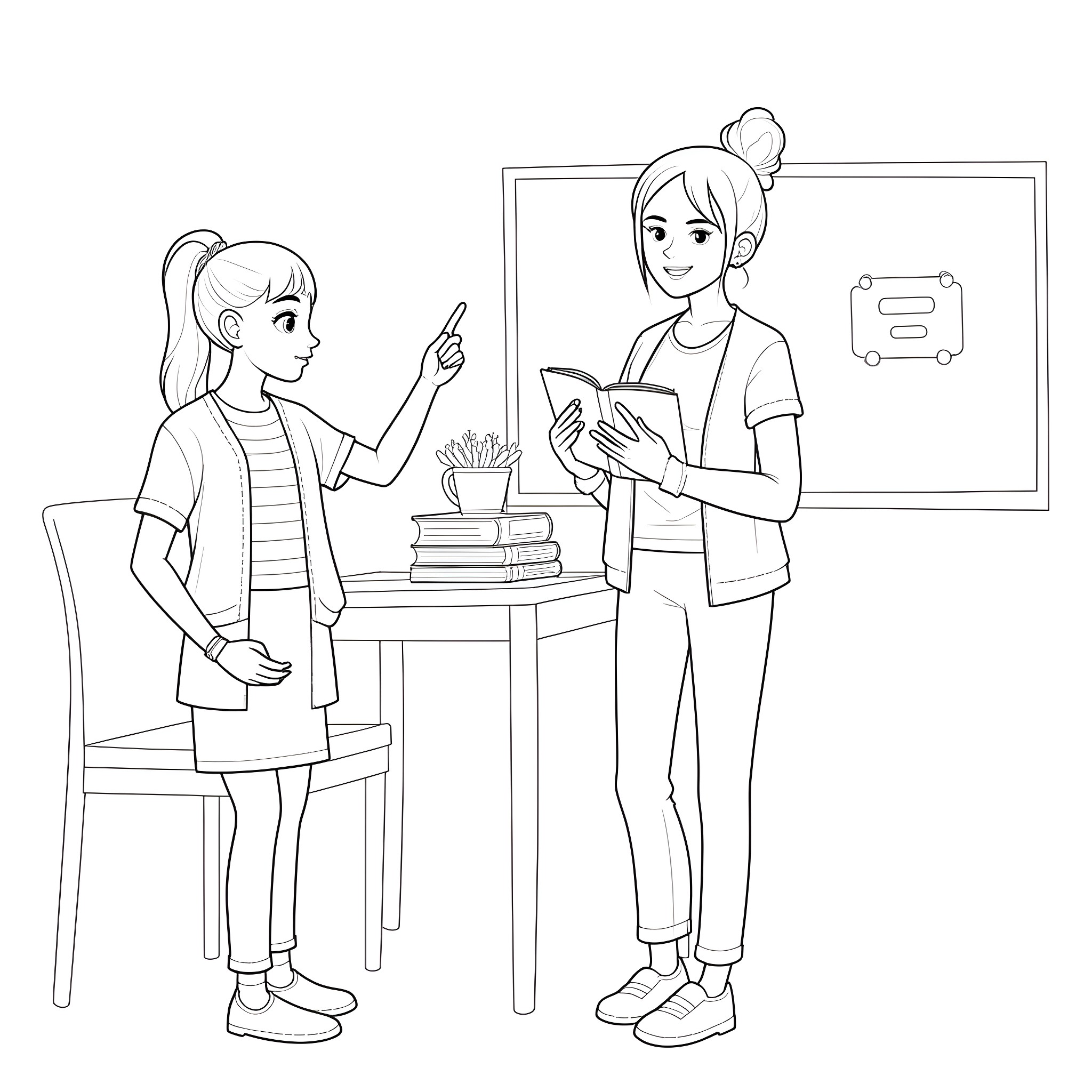 Girls discussing in the classroom Coloring Page (free black-and-white line drawing printable PDF for all, from beginners to advanced learners, including children, teens, adults, and seniors)