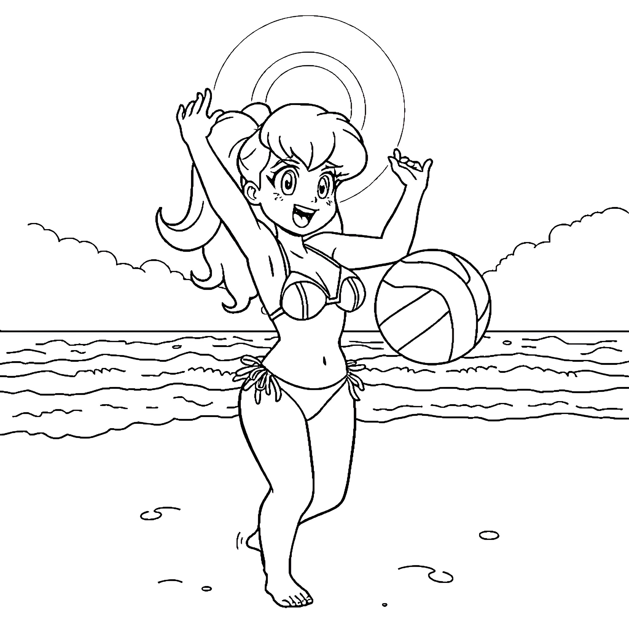 Bulma Enjoying a Carefree Beach Day Coloring Page (free black-and-white line drawing printable PDF for all, from beginners to advanced learners, including children, teens, adults, and seniors)