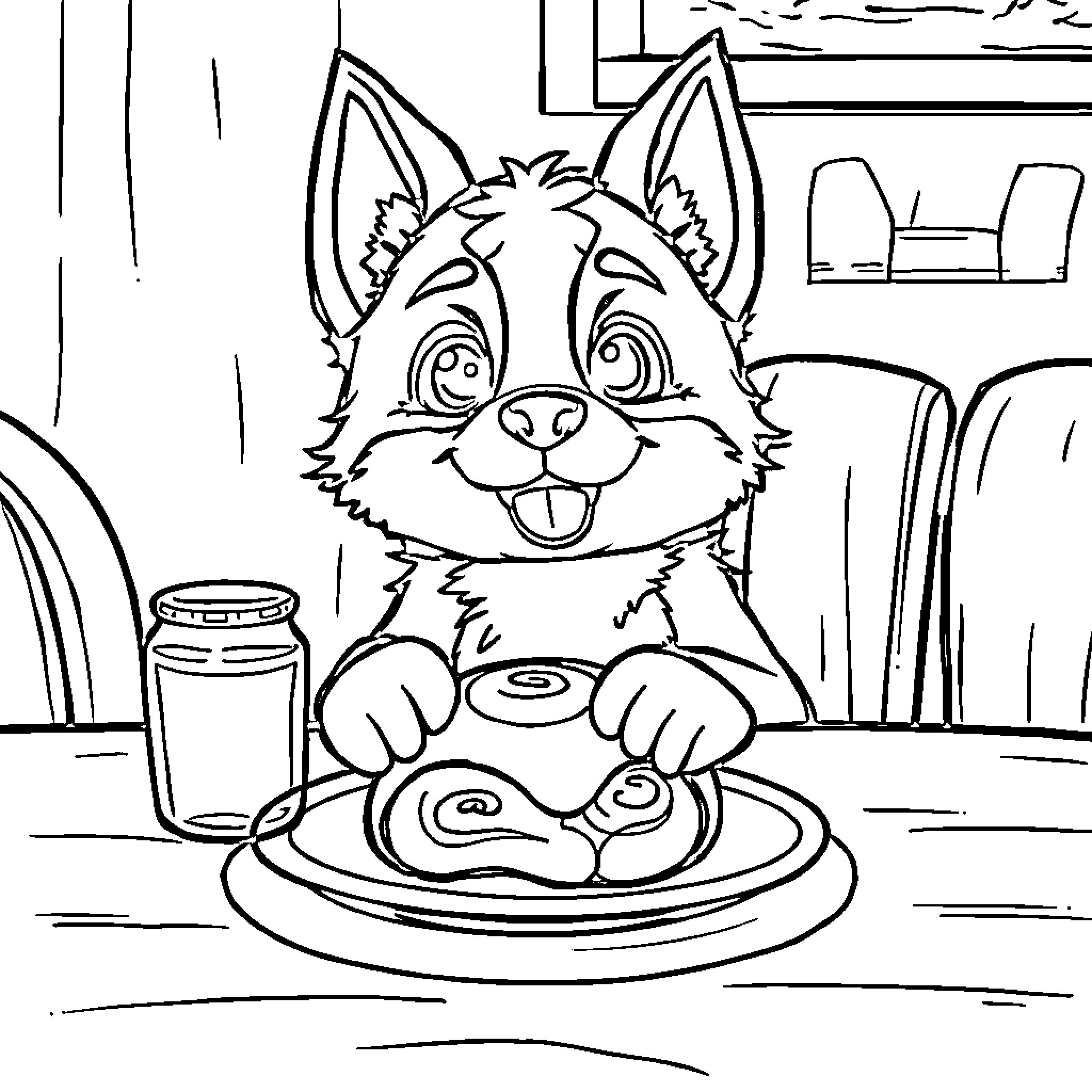 Huntrix enjoying a sweet treat Coloring Page (free black-and-white line drawing printable PDF for all, from beginners to advanced learners, including children, teens, adults, and seniors)