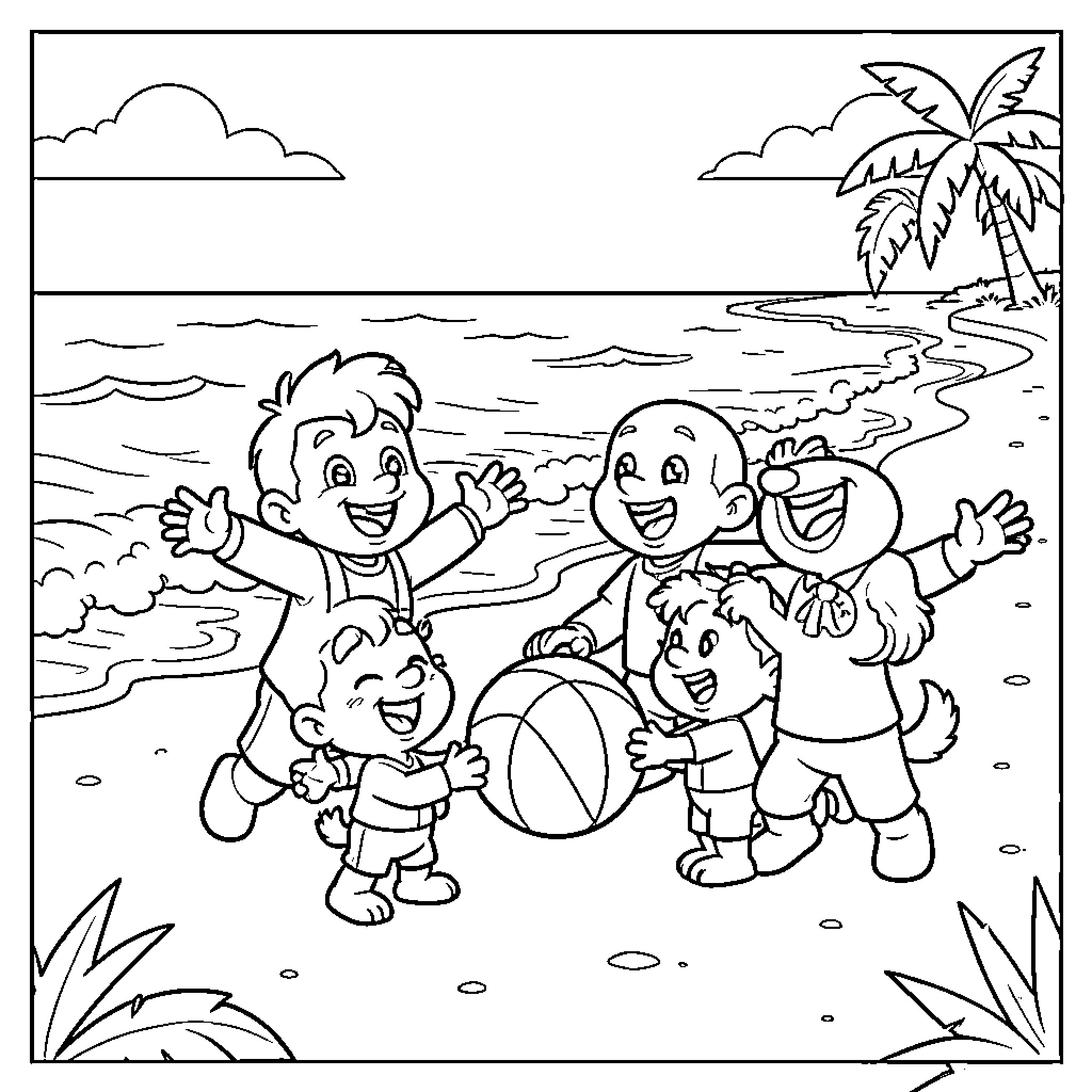 Paw Patrol characters playing with a ball on the beach Coloring Page (free black-and-white line drawing printable PDF for all, from beginners to advanced learners, including children, teens, adults, and seniors)
