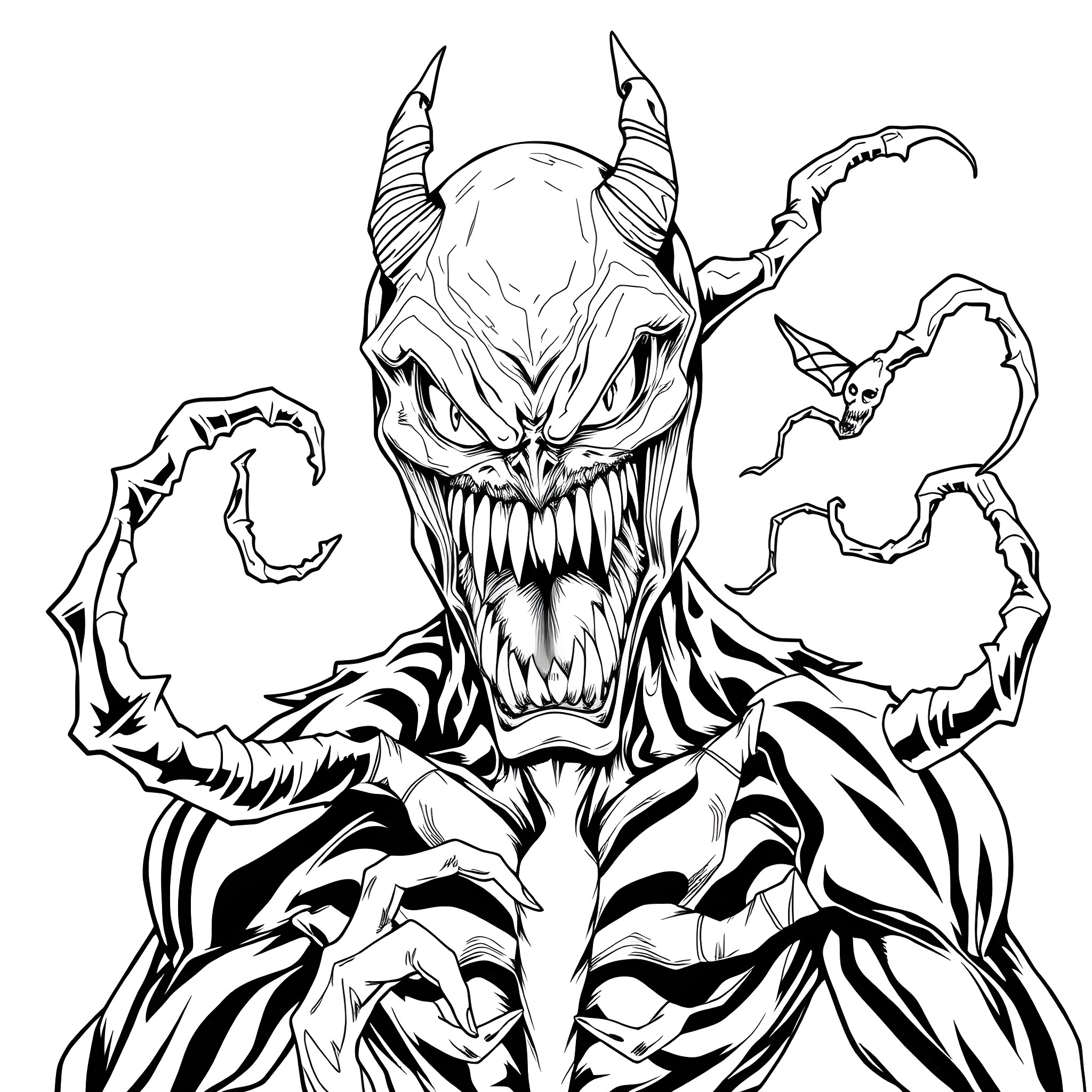 Bizarnage of a Monstrous Creature's Devilish Grin Coloring Page (free black-and-white line drawing printable PDF for all, from beginners to advanced learners, including children, teens, adults, and seniors)