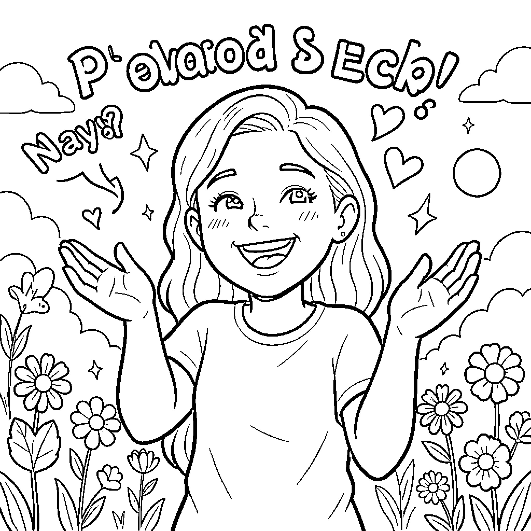 Serendipia girl smiling joyfully amidst a field of flowers Coloring Page (free black-and-white line drawing printable PDF for all, from beginners to advanced learners, including children, teens, adults, and seniors)
