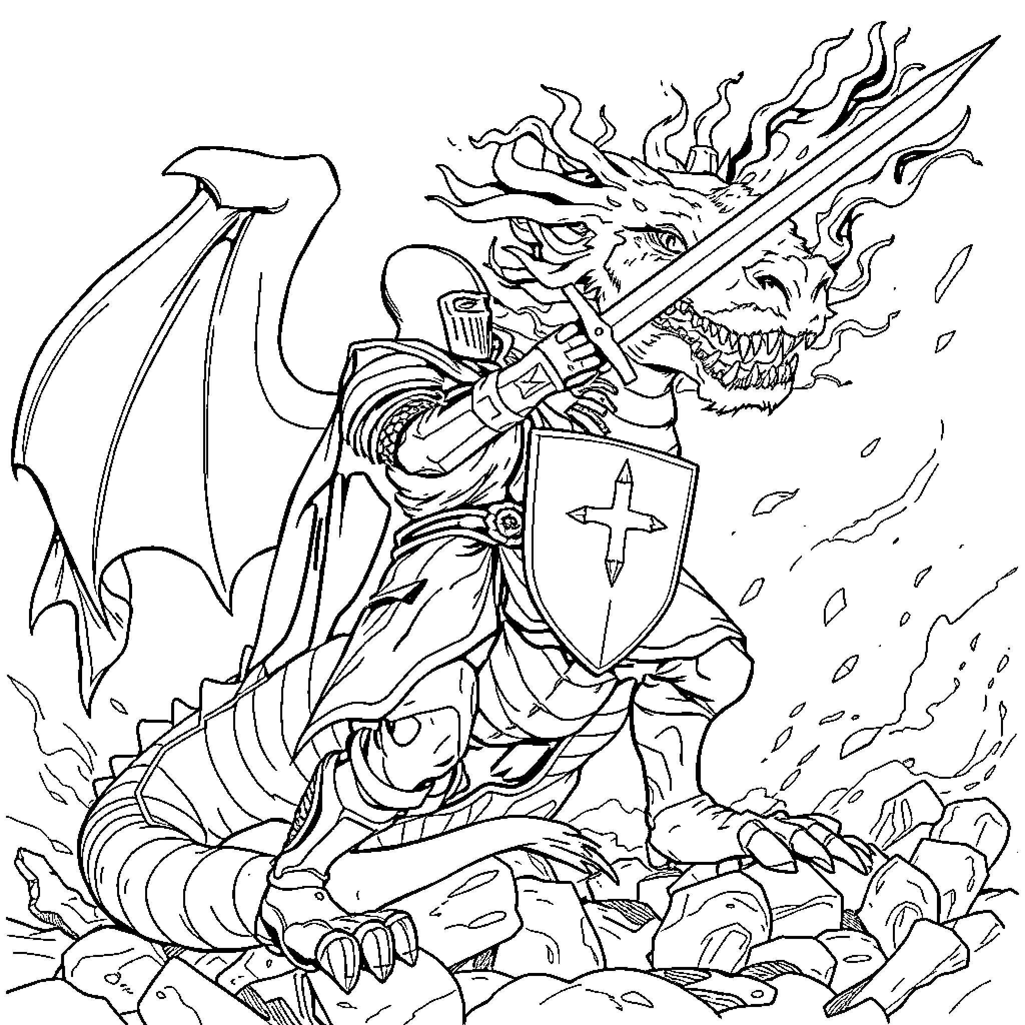 Knight Battling Fierce Dragon with Sword and Shield Coloring Page (free black-and-white line drawing printable PDF for all, from beginners to advanced learners, including children, teens, adults, and seniors)