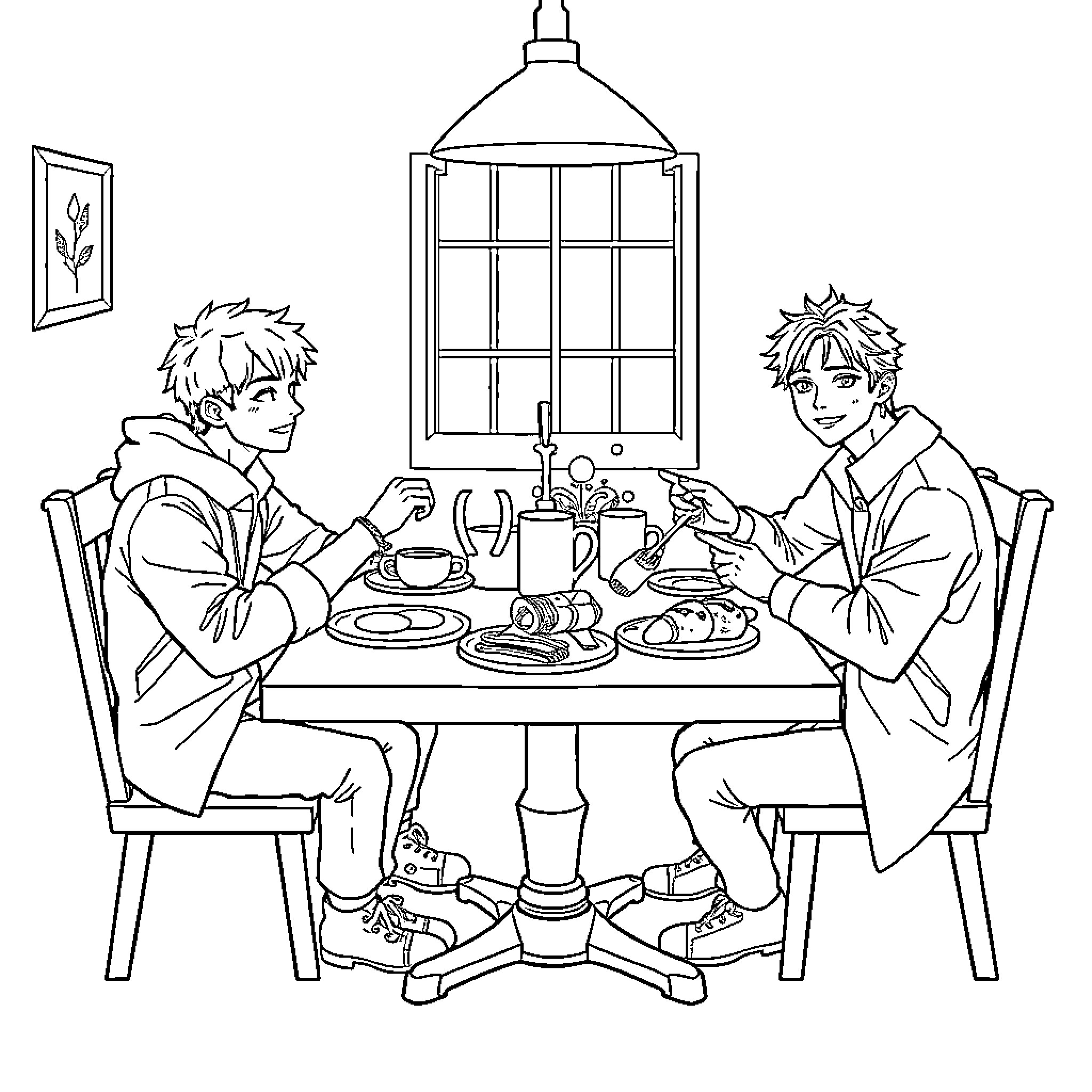 Saja Boys Sharing a Cozy Meal Coloring Page (free black-and-white line drawing printable PDF for all, from beginners to advanced learners, including children, teens, adults, and seniors)