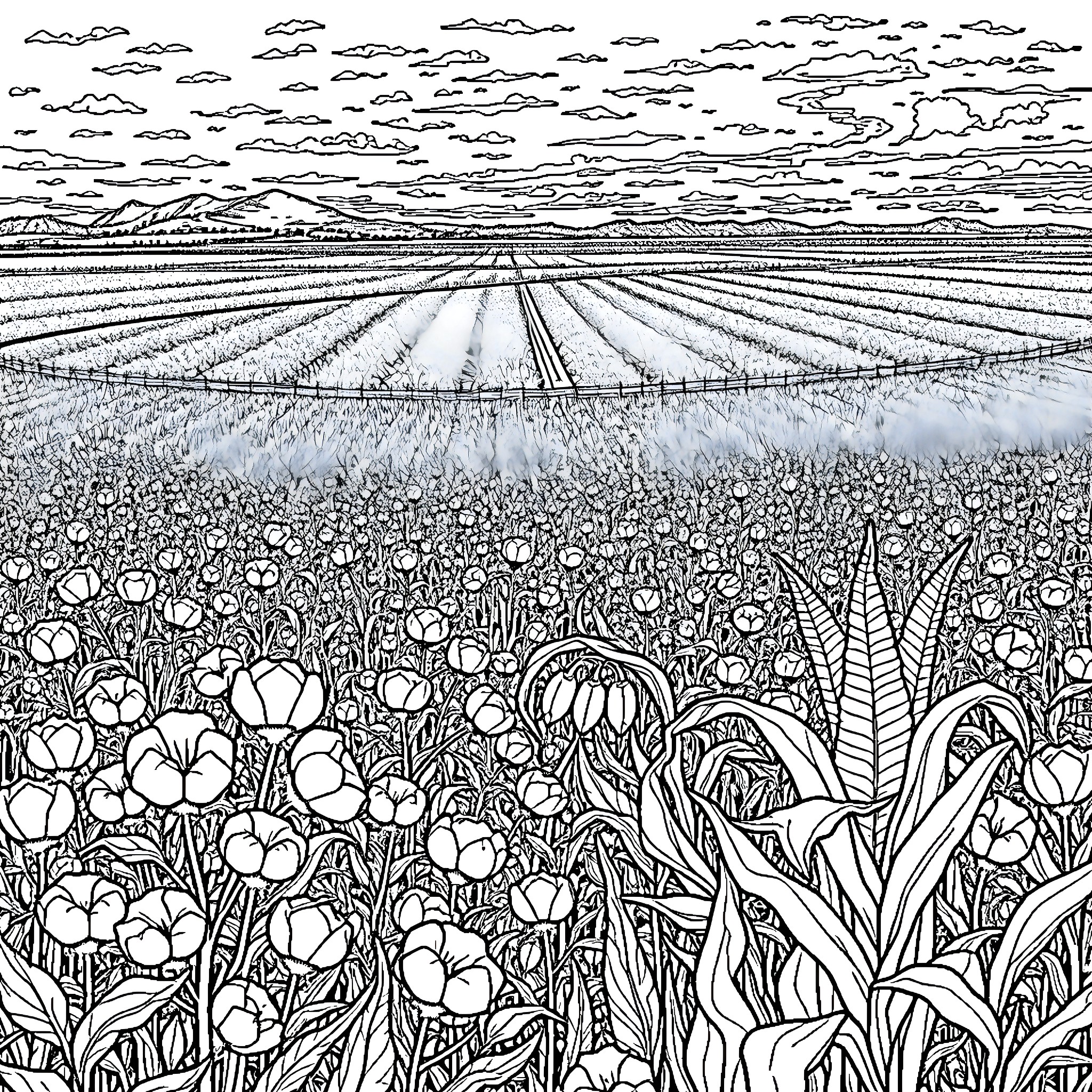 Agriculture of Vibrant Floral Landscape Coloring Page (free black-and-white line drawing printable PDF for all, from beginners to advanced learners, including children, teens, adults, and seniors)