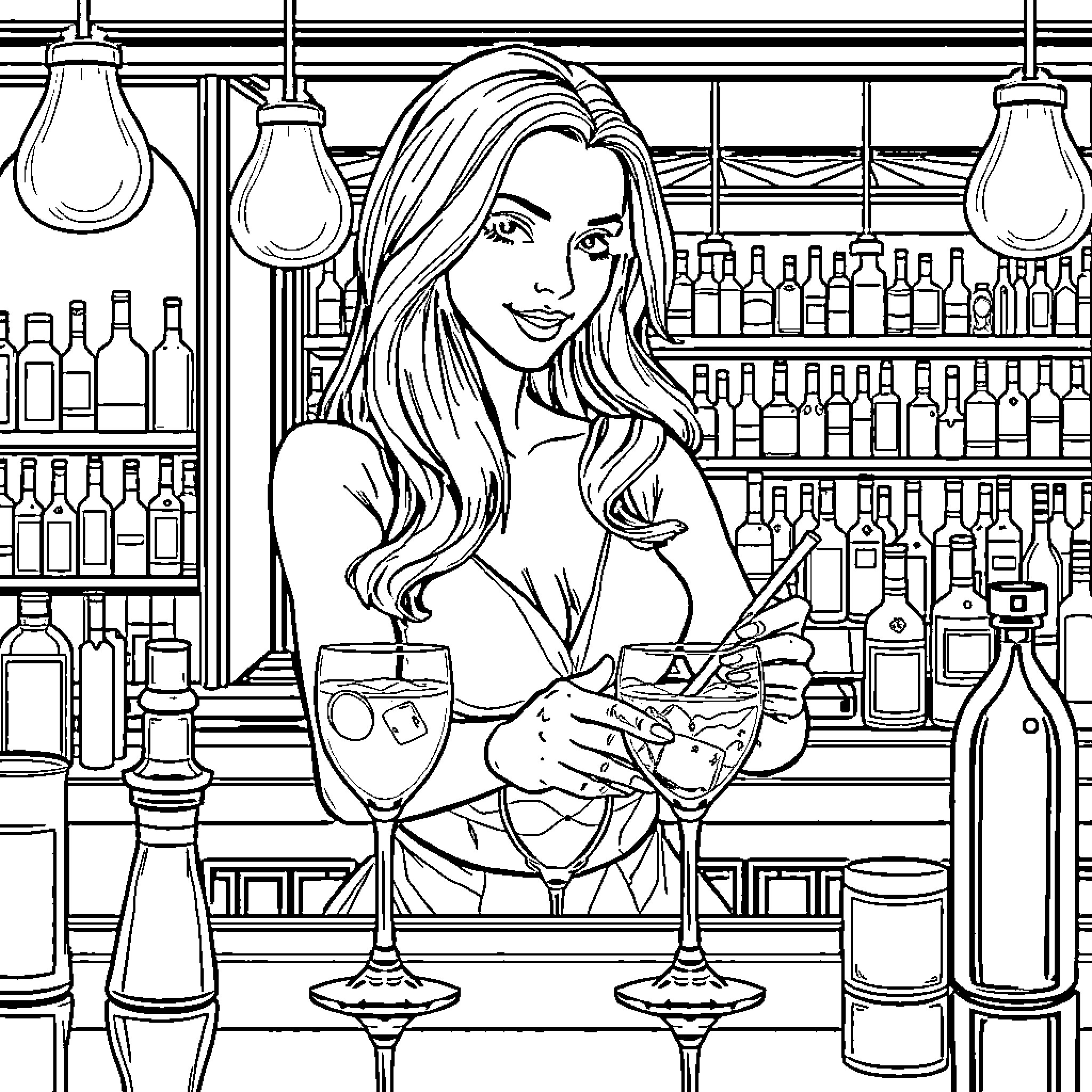 Bartender preparing drinks at a bar Coloring Page (free black-and-white line drawing printable PDF for all, from beginners to advanced learners, including children, teens, adults, and seniors)