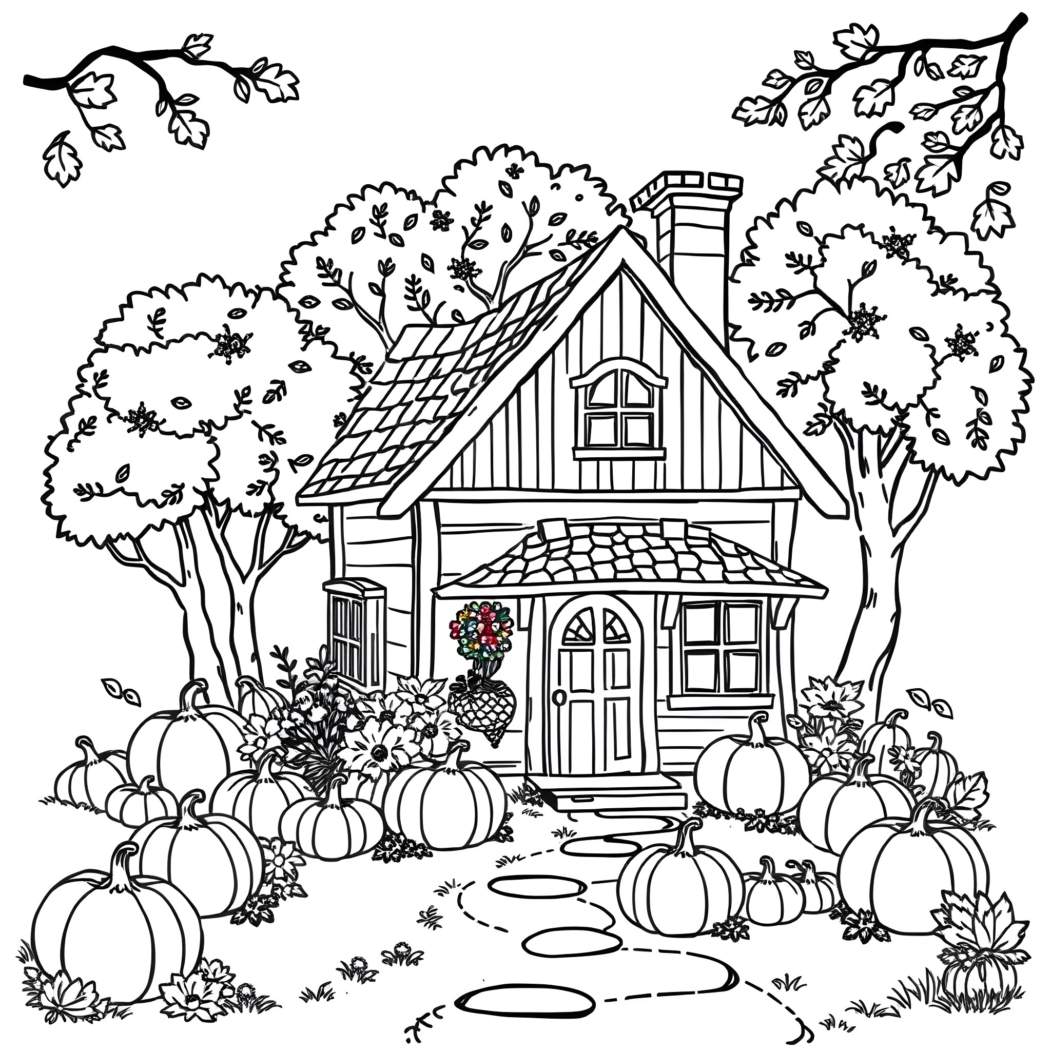 Autumn scene of a cozy cottage with pumpkins Coloring Page (free black-and-white line drawing printable PDF for all, from beginners to advanced learners, including children, teens, adults, and seniors)