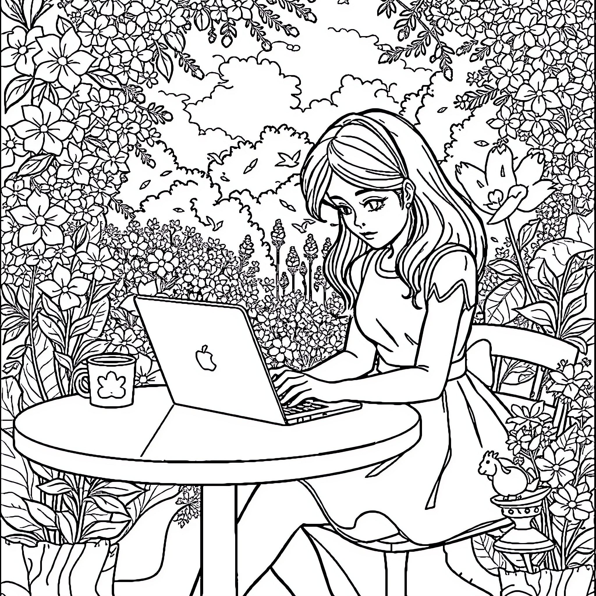 Alice working diligently on her laptop in a floral garden Coloring Page (free black-and-white line drawing printable PDF for all, from beginners to advanced learners, including children, teens, adults, and seniors)