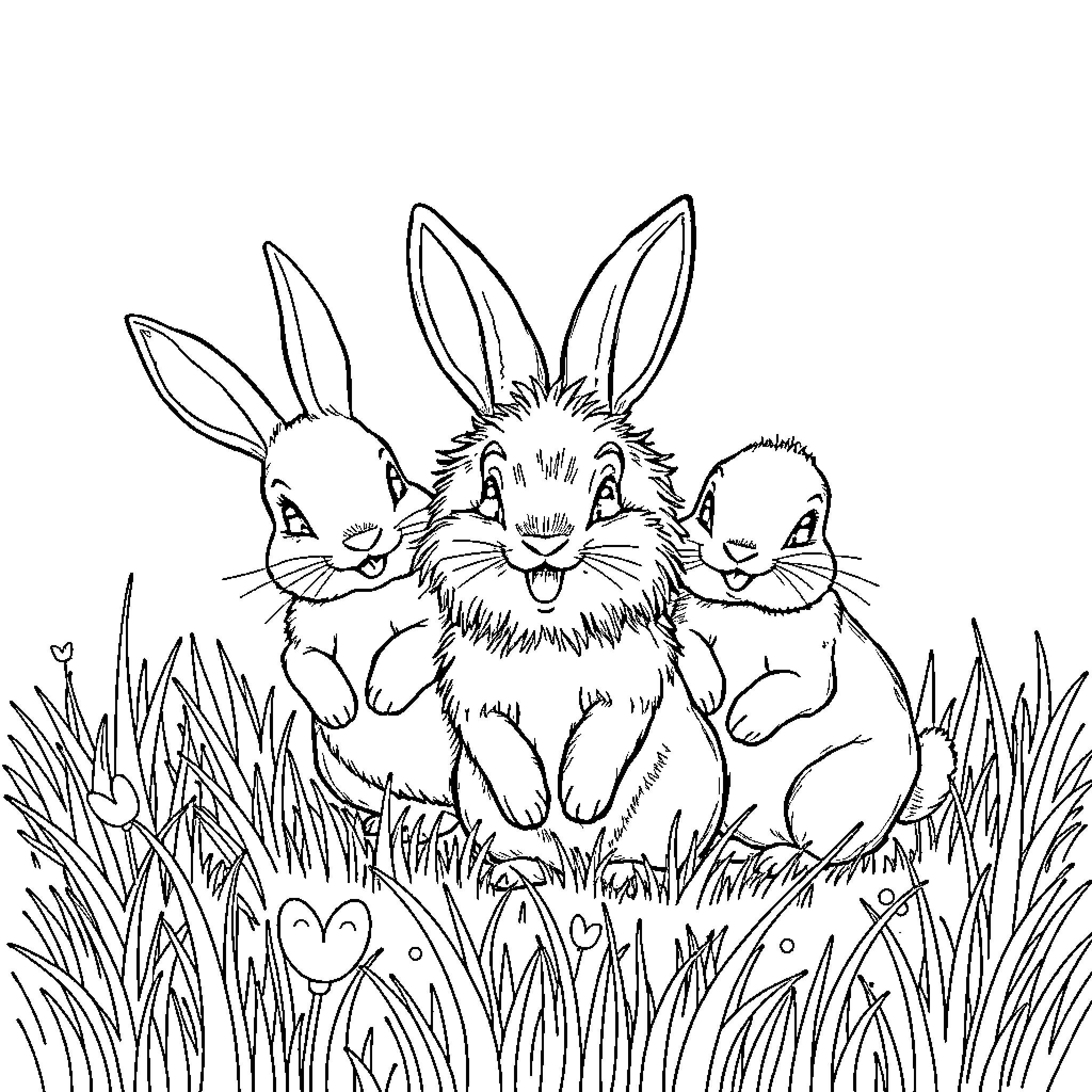 Rabbit Trio Frolicking Happily in Meadow Coloring Page (free black-and-white line drawing printable PDF for all, from beginners to advanced learners, including children, teens, adults, and seniors)