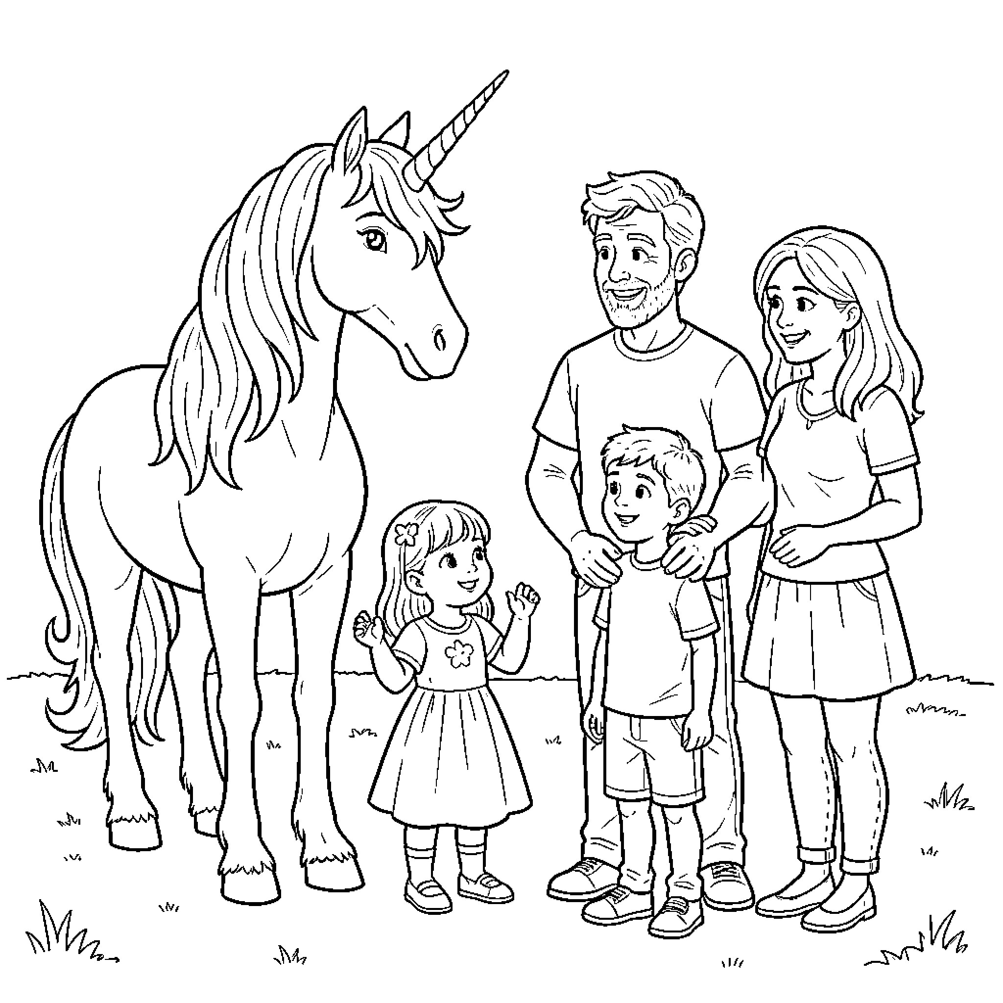 Unicorn interacting with a happy family in a field Coloring Page (free black-and-white line drawing printable PDF for all, from beginners to advanced learners, including children, teens, adults, and seniors)