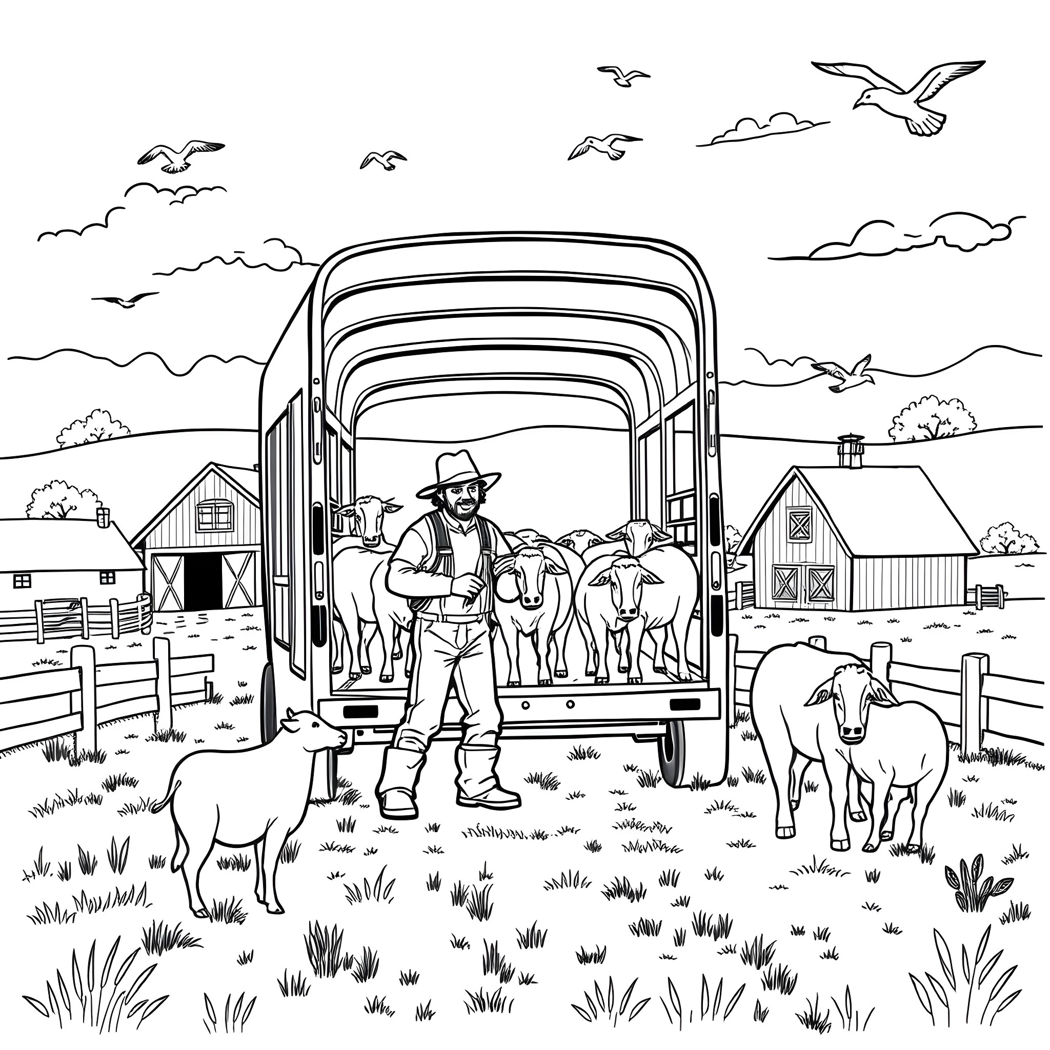 Livestock being transported in a truck on a farm Coloring Page (free black-and-white line drawing printable PDF for all, from beginners to advanced learners, including children, teens, adults, and seniors)
