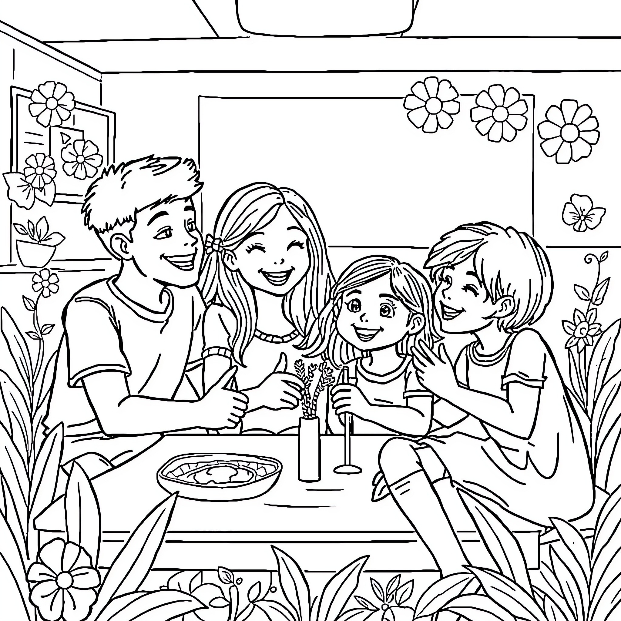 Class Celebration with Friends in Flower-Filled Room Coloring Page (free black-and-white line drawing printable PDF for all, from beginners to advanced learners, including children, teens, adults, and seniors)