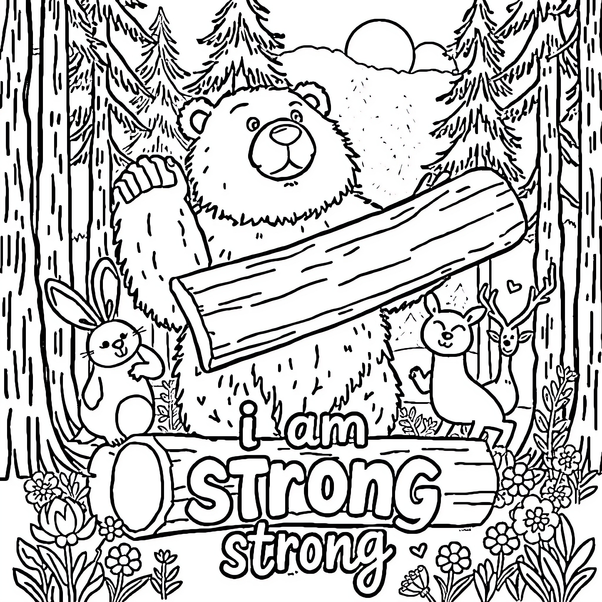 Bear sharing inspirational message in nature Coloring Page (free black-and-white line drawing printable PDF for all, from beginners to advanced learners, including children, teens, adults, and seniors)