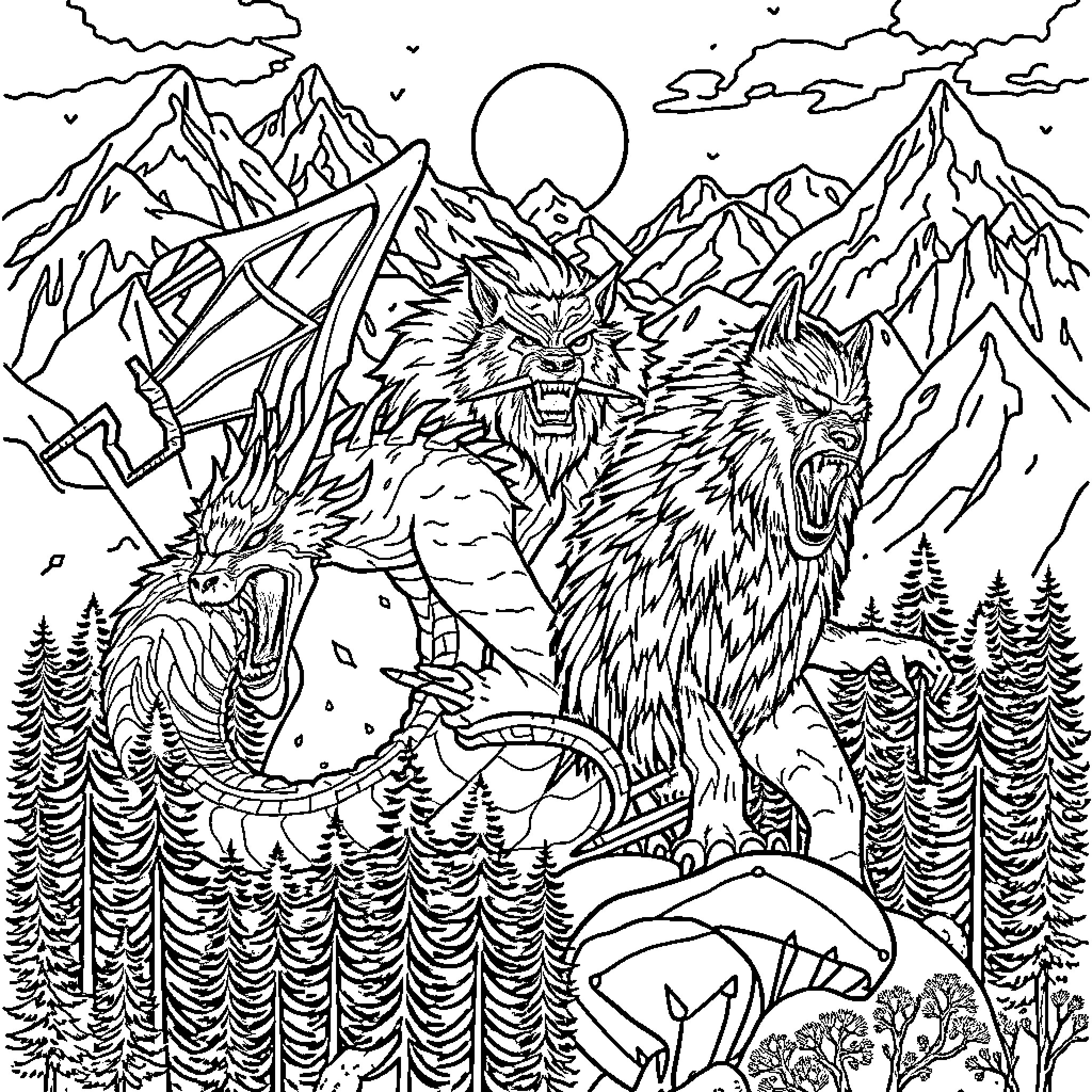 Dragon Warriors Roam Mountainous Wilderness Coloring Page (free black-and-white line drawing printable PDF for all, from beginners to advanced learners, including children, teens, adults, and seniors)