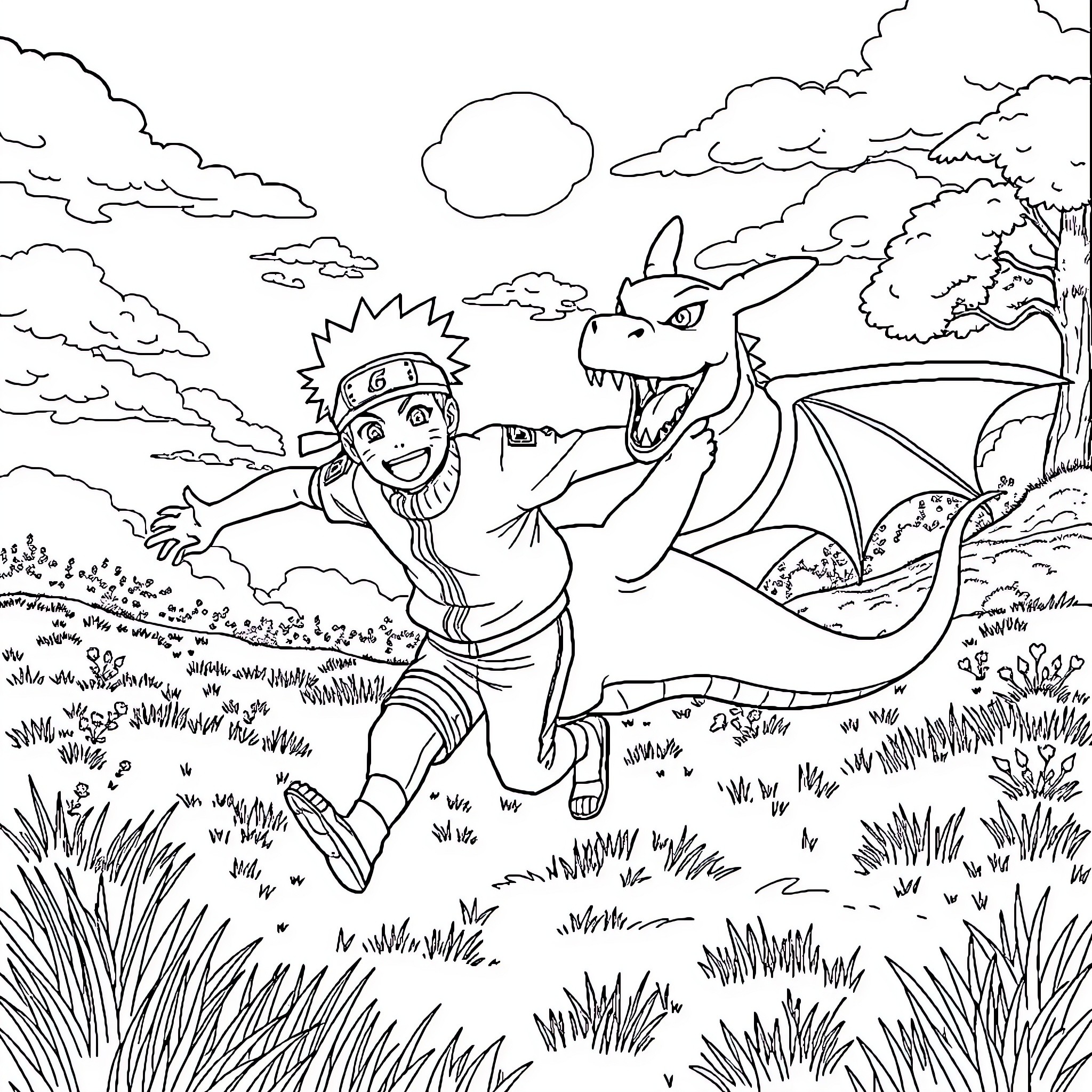 Naruto's Adventurous Encounter with a Mythical Dragon Coloring Page (free black-and-white line drawing printable PDF for all, from beginners to advanced learners, including children, teens, adults, and seniors)