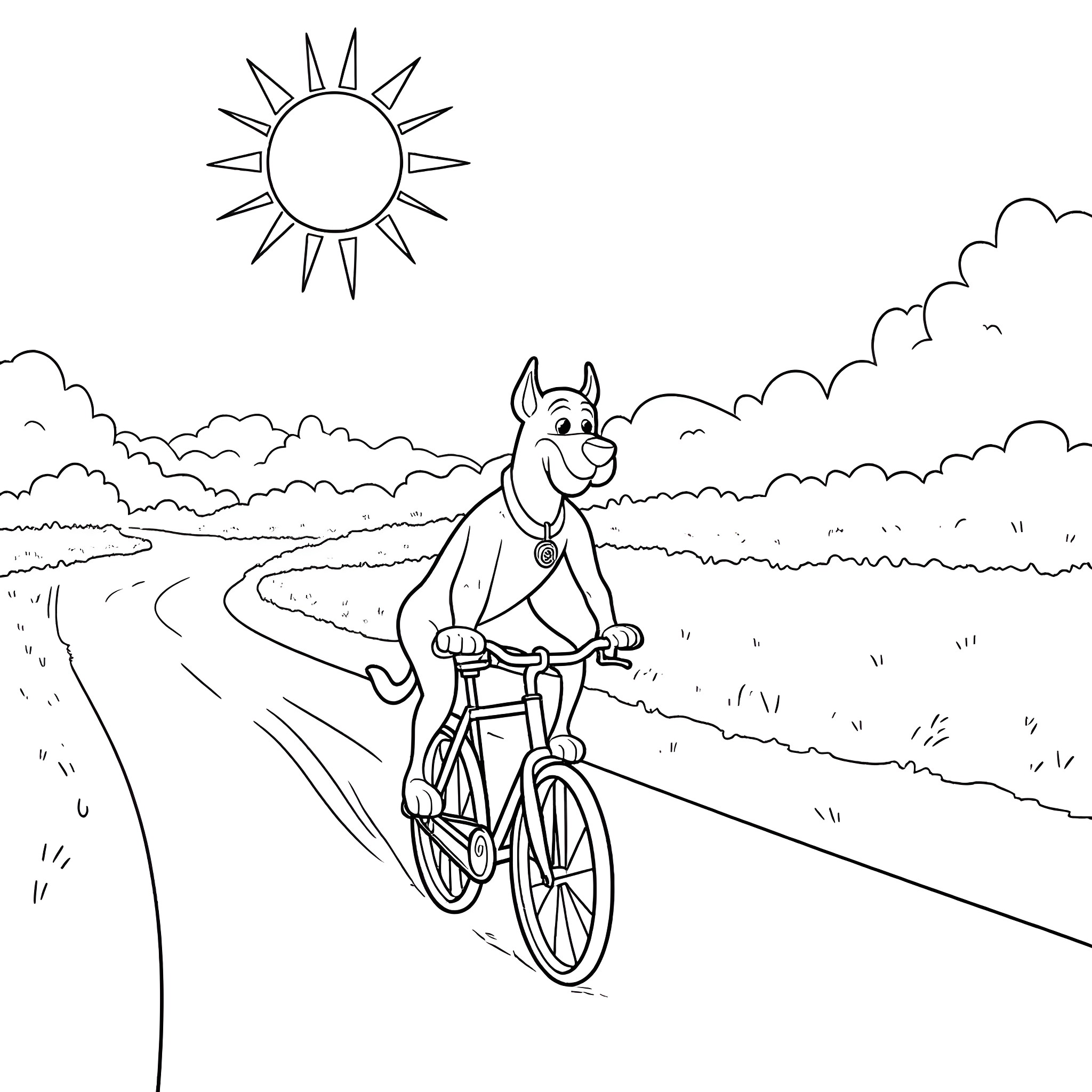 Scooby Doo riding bicycle on sunny road Coloring Page (free black-and-white line drawing printable PDF for all, from beginners to advanced learners, including children, teens, adults, and seniors)