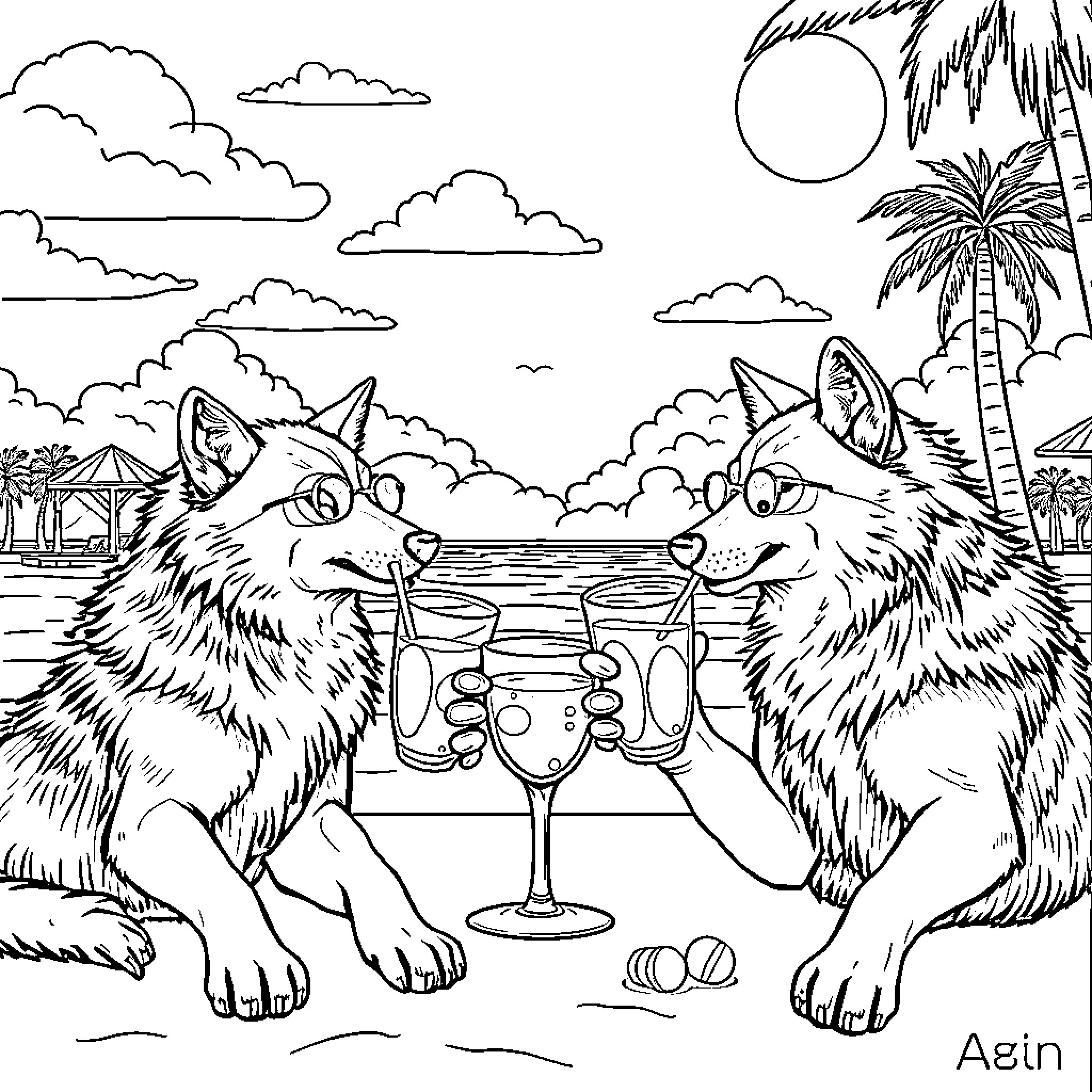 Wolf Companions Enjoying Drinks in Tropical Setting Coloring Page (free black-and-white line drawing printable PDF for all, from beginners to advanced learners, including children, teens, adults, and seniors)