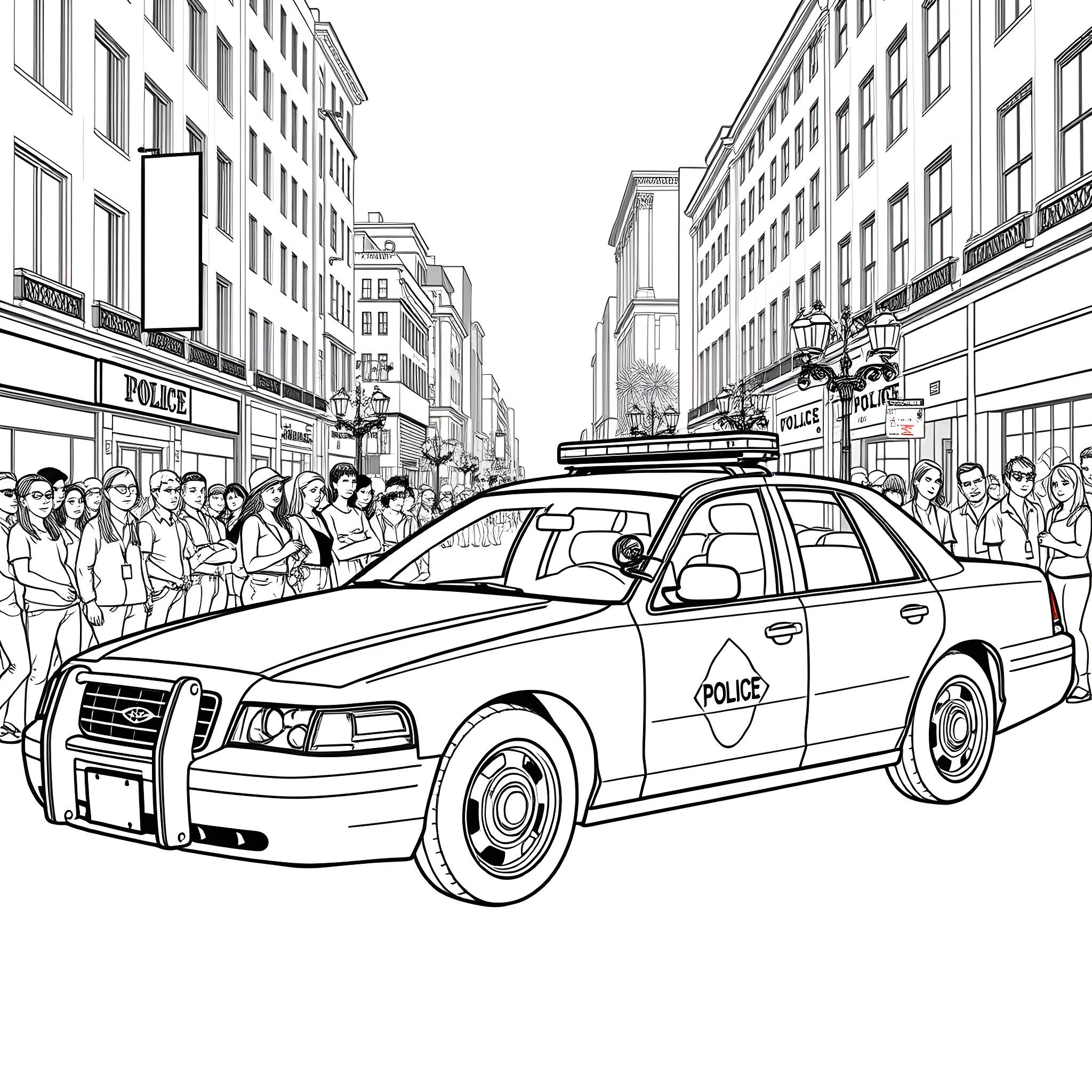 Crown Victoria Police Car in Busy City Street Coloring Page (free black-and-white line drawing printable PDF for all, from beginners to advanced learners, including children, teens, adults, and seniors)
