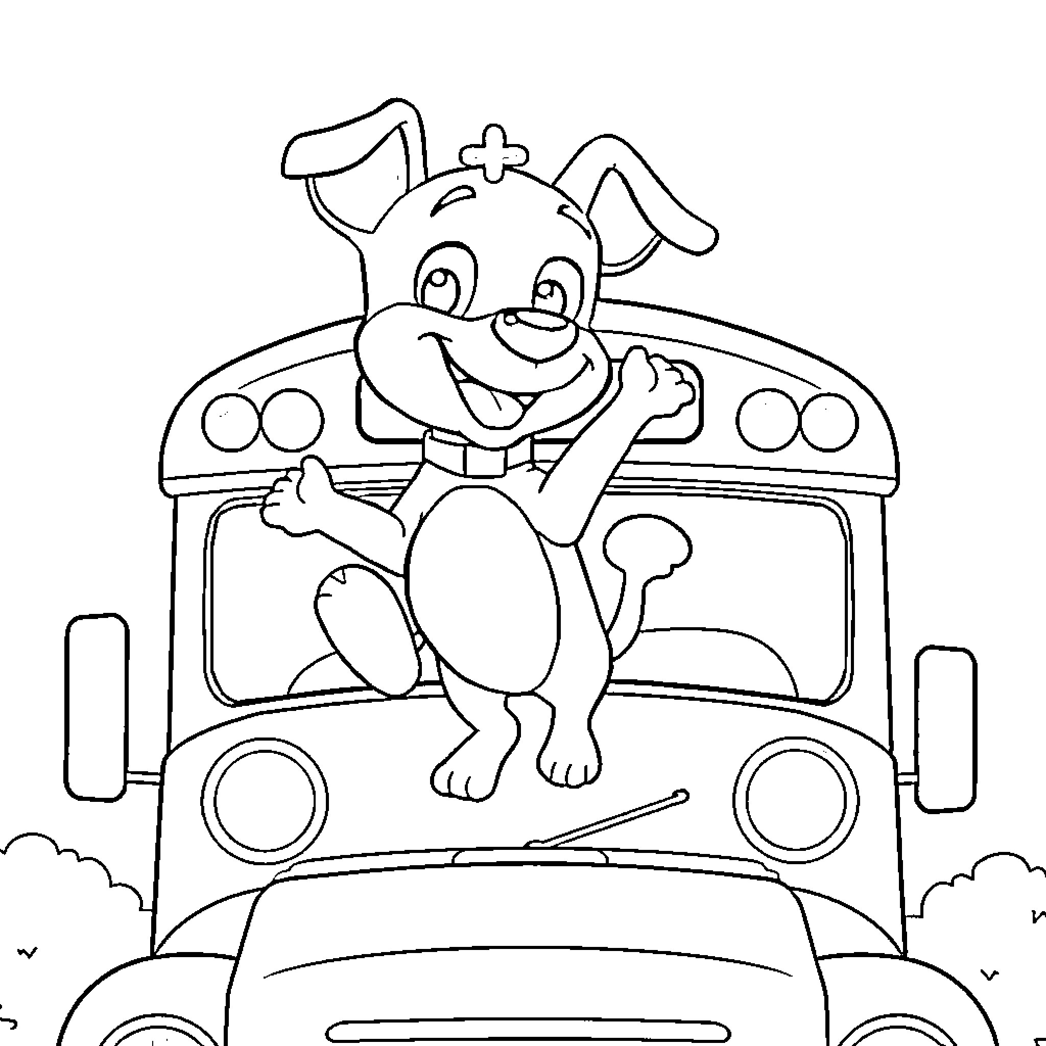 Bluey riding on the school bus Coloring Page (free black-and-white line drawing printable PDF for all, from beginners to advanced learners, including children, teens, adults, and seniors)