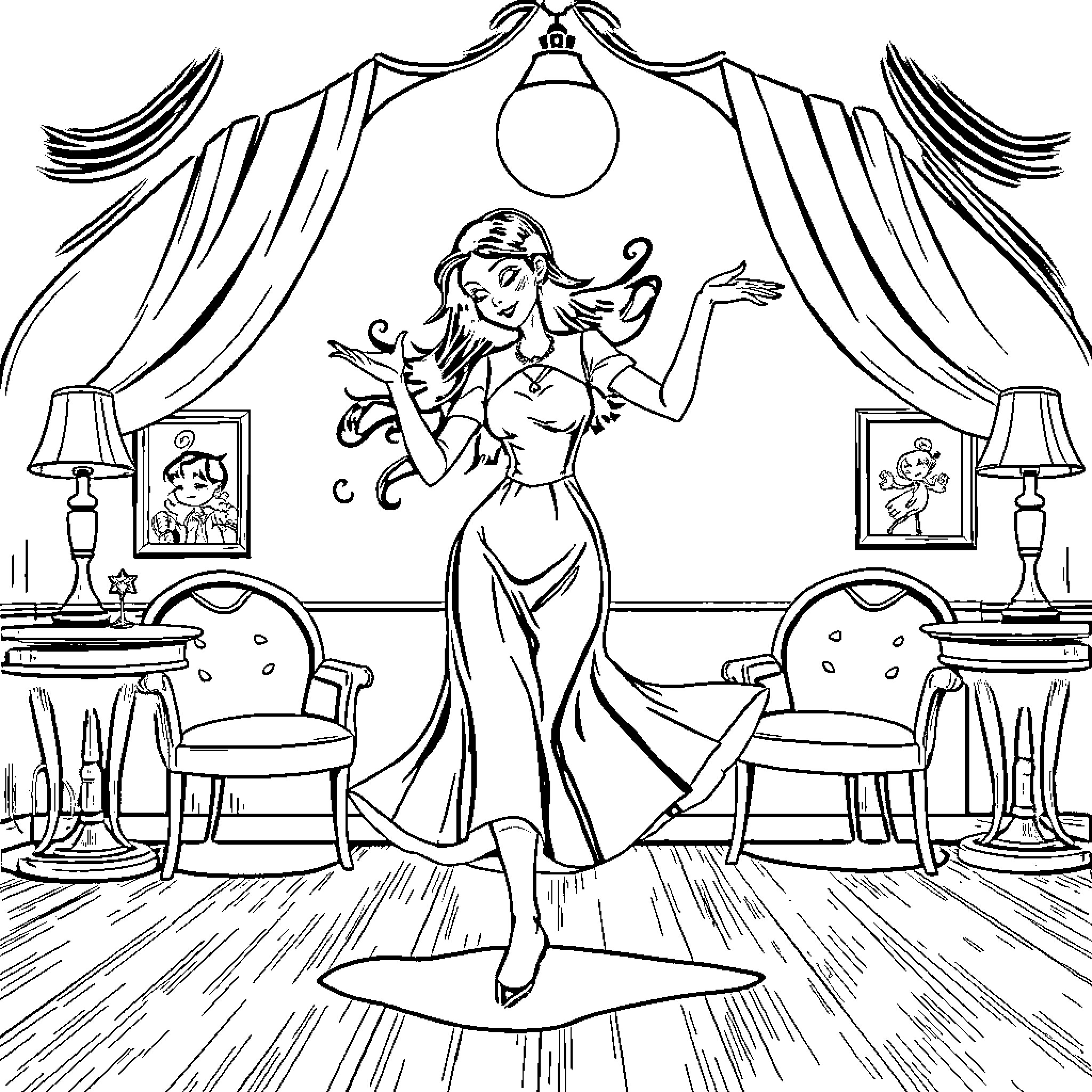 Wednesday's Enchanting Dance Performance Coloring Page (free black-and-white line drawing printable PDF for all, from beginners to advanced learners, including children, teens, adults, and seniors)
