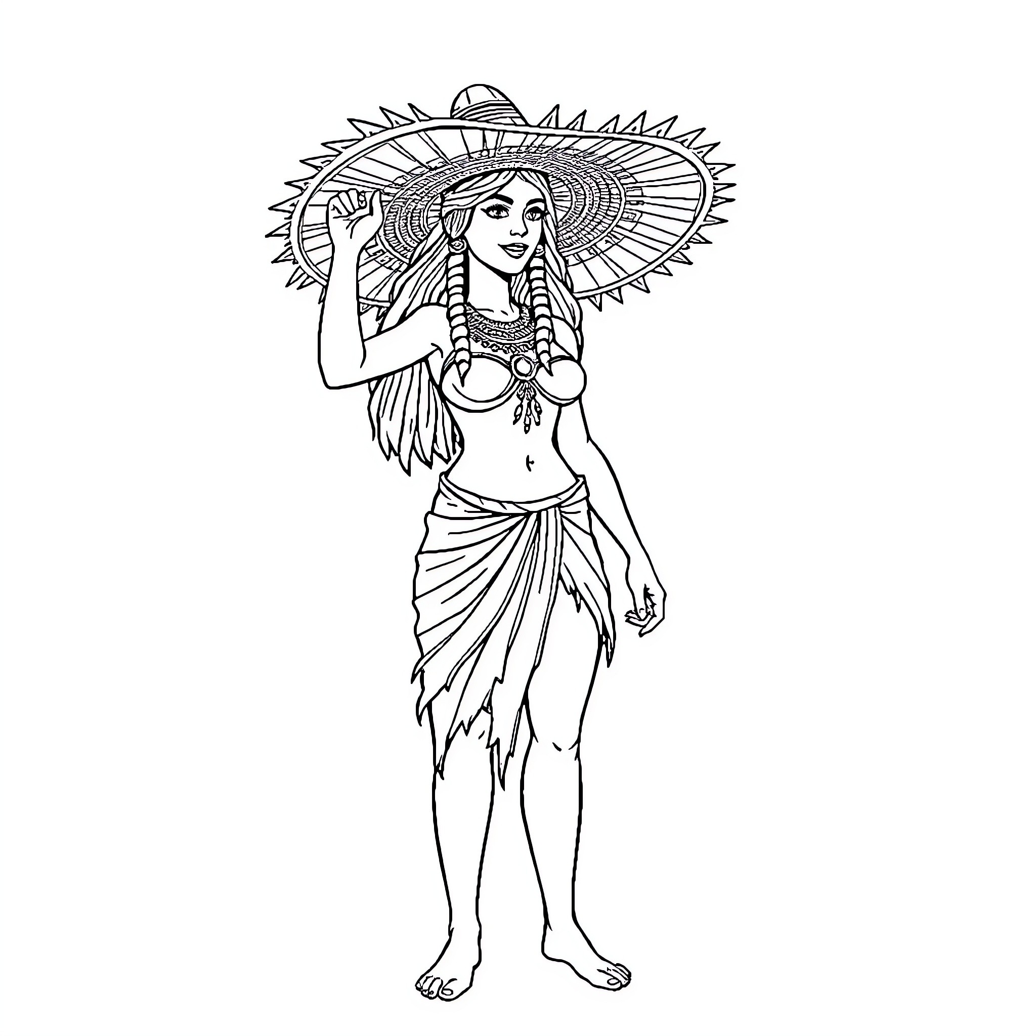 Cinderella in Tribal Dress with Ornate Headdress Coloring Page (free black-and-white line drawing printable PDF for all, from beginners to advanced learners, including children, teens, adults, and seniors)