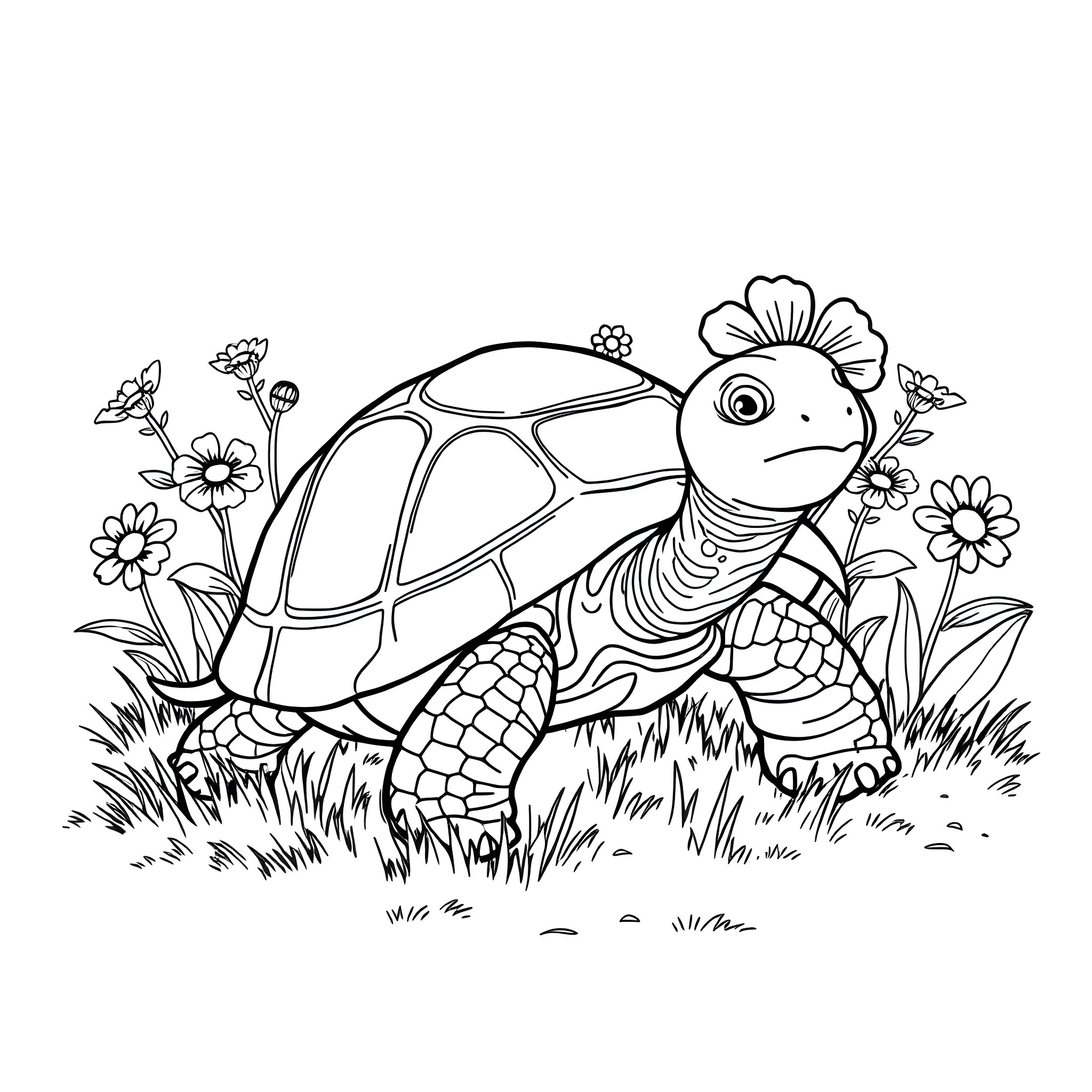 Tortoise wandering through a floral garden Coloring Page (free black-and-white line drawing printable PDF for all, from beginners to advanced learners, including children, teens, adults, and seniors)