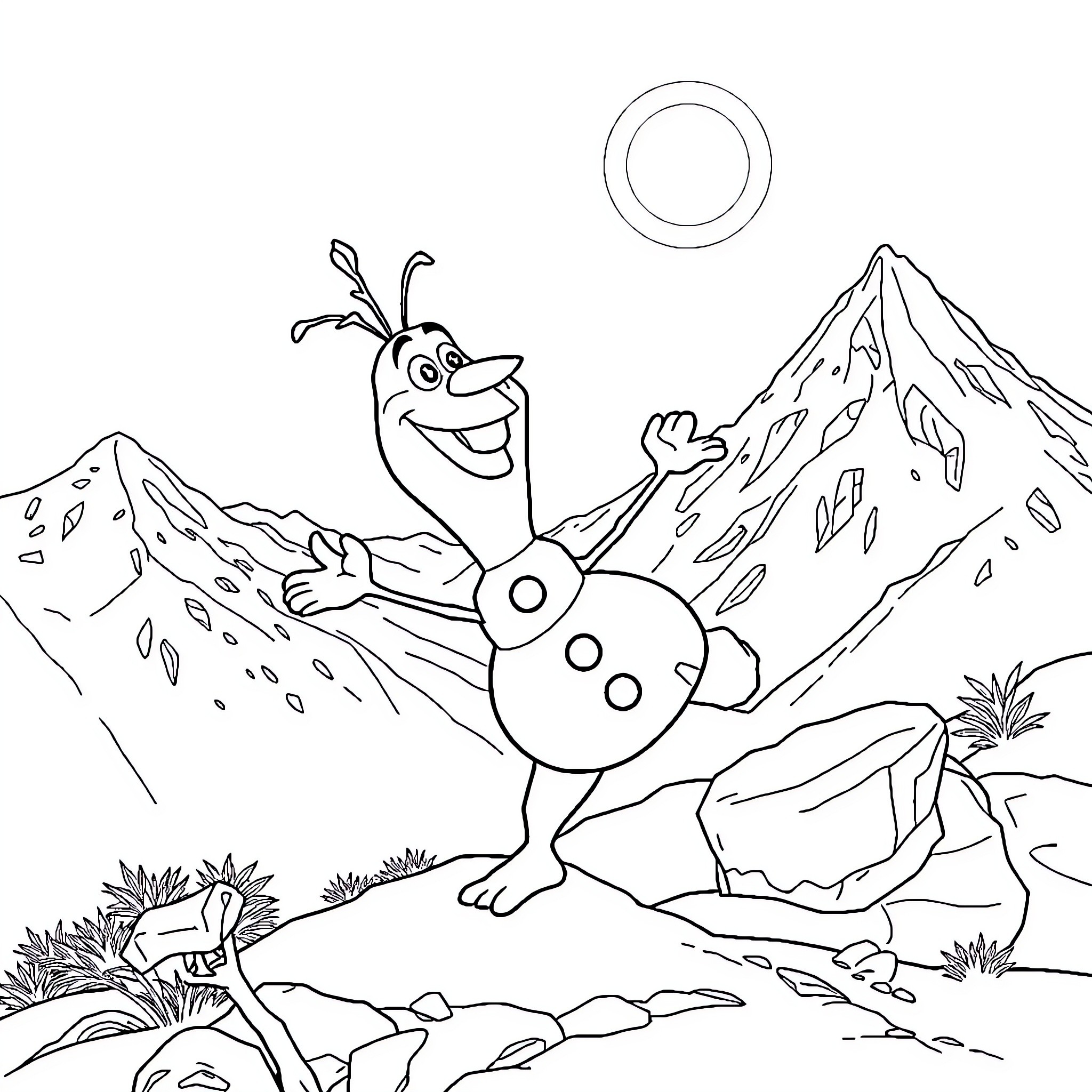 Olaf's Snowy Adventure in the Mountains Coloring Page (free black-and-white line drawing printable PDF for all, from beginners to advanced learners, including children, teens, adults, and seniors)