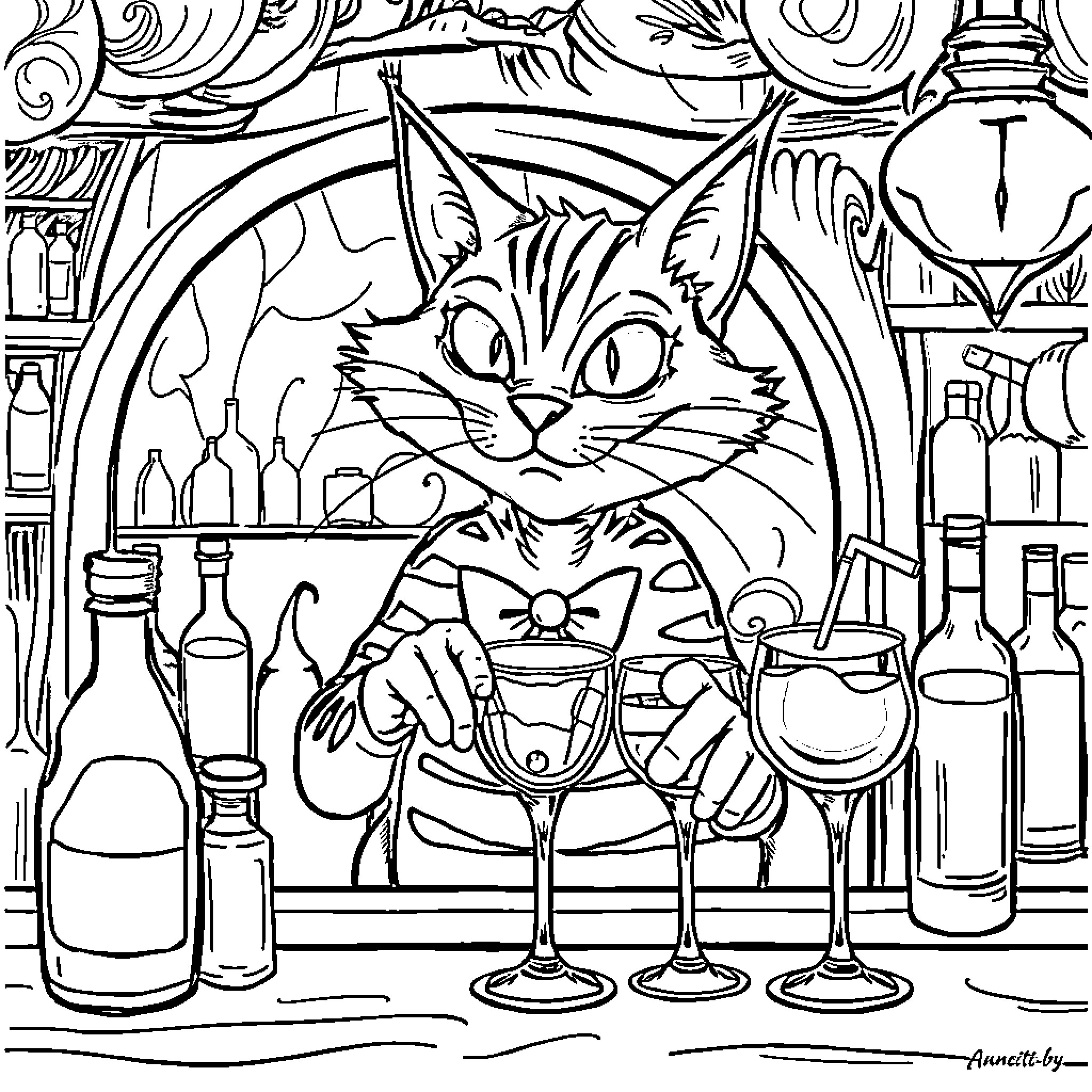 Cheshire Cat enjoying drinks at the bar Coloring Page (free black-and-white line drawing printable PDF for all, from beginners to advanced learners, including children, teens, adults, and seniors)