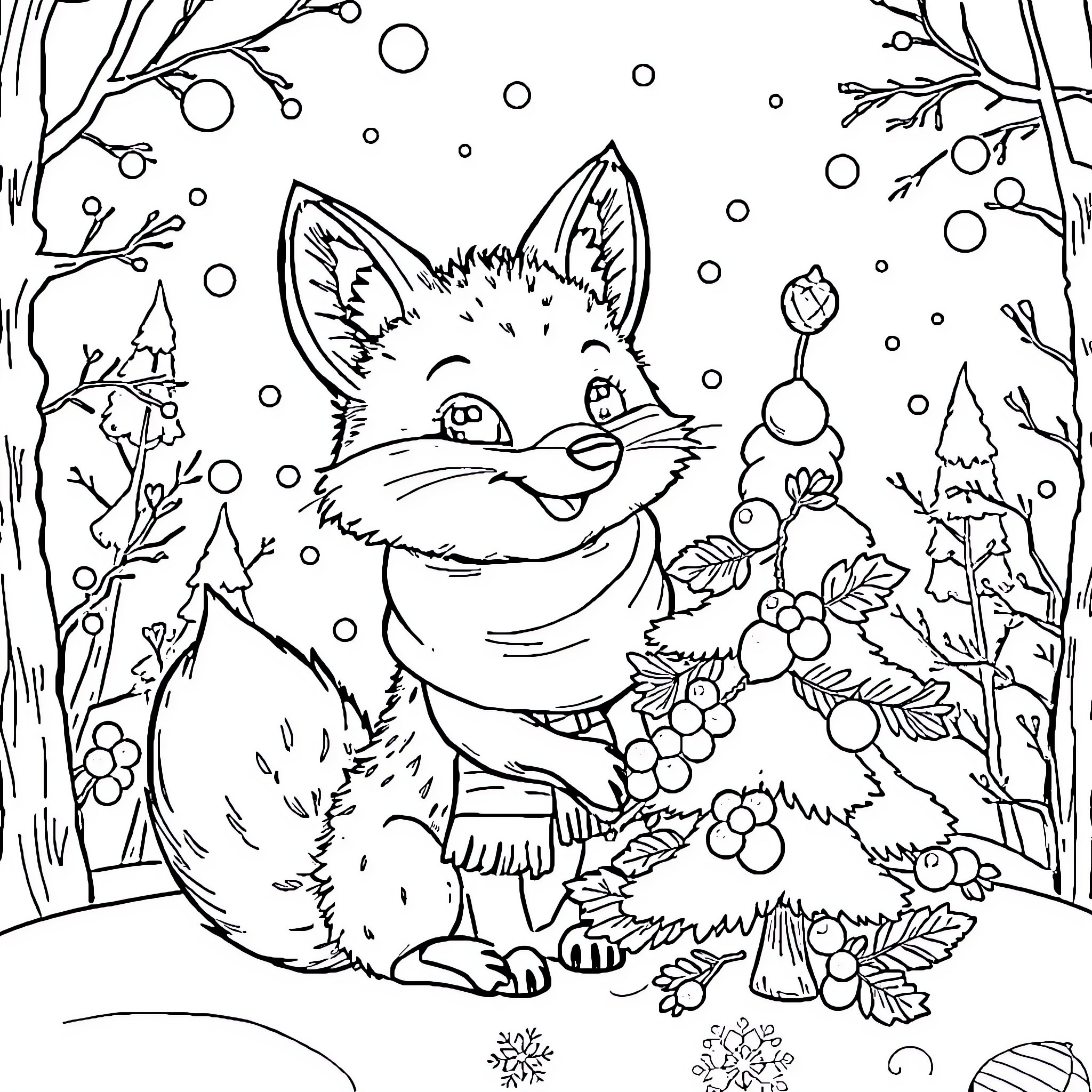 Fox playing in the snowy forest Coloring Page (free black-and-white line drawing printable PDF for all, from beginners to advanced learners, including children, teens, adults, and seniors)