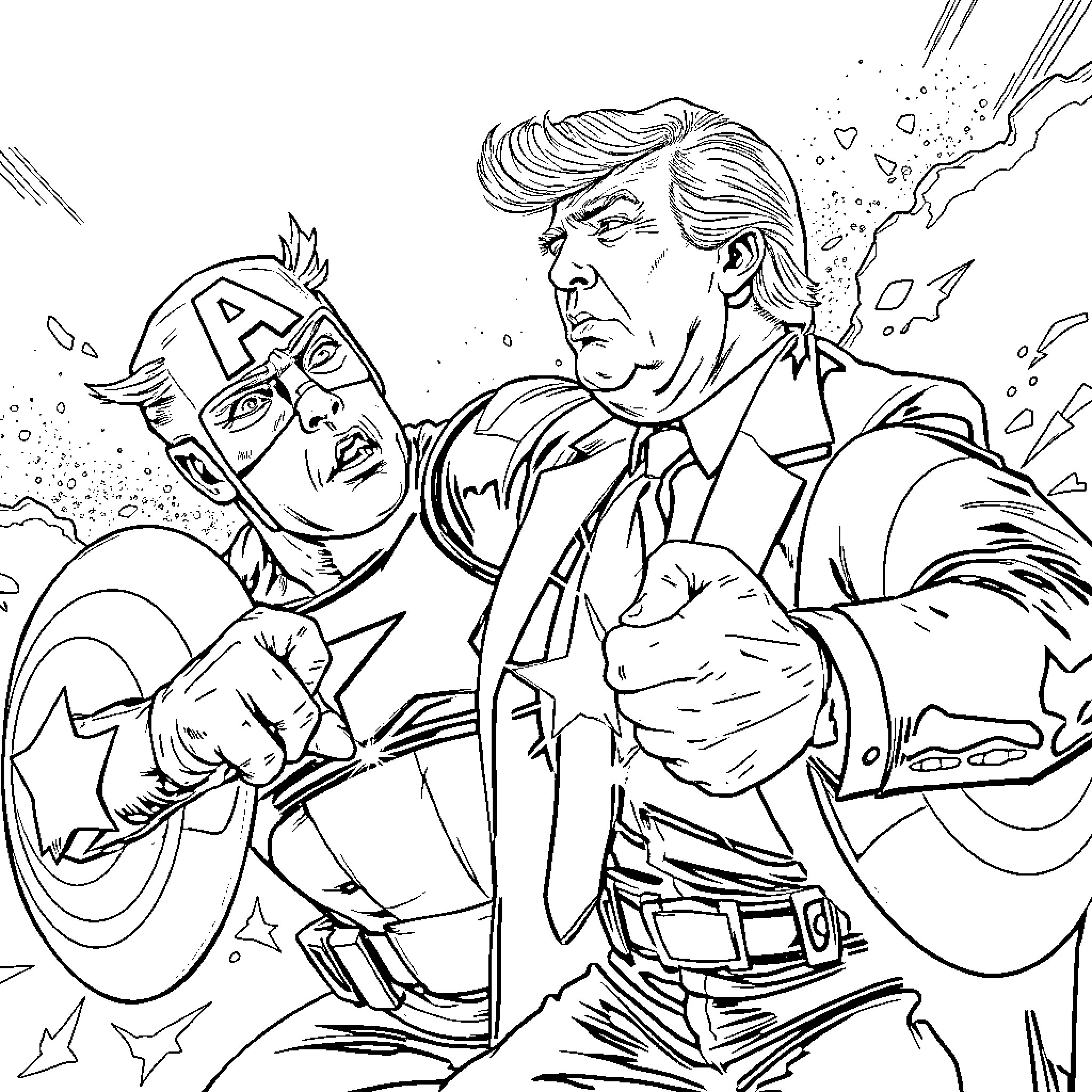 Donald Trump in Superhero Standoff Coloring Page (free black-and-white line drawing printable PDF for all, from beginners to advanced learners, including children, teens, adults, and seniors)
