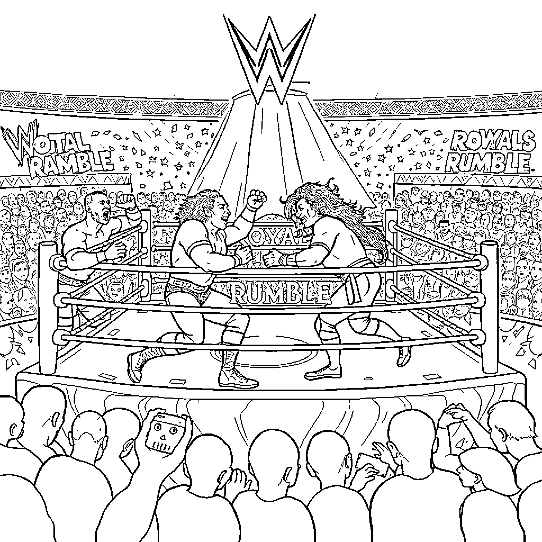 Wrestler Epic Battle in the Ring Coloring Page (free black-and-white line drawing printable PDF for all, from beginners to advanced learners, including children, teens, adults, and seniors)