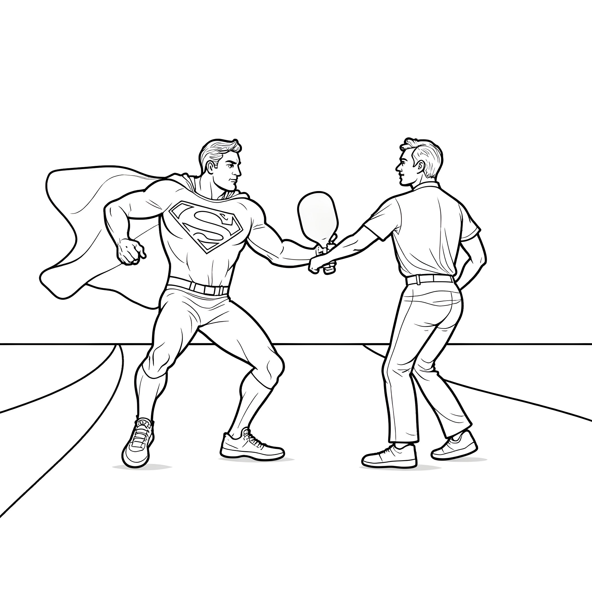 Superman shaking hands with a person Coloring Page (free black-and-white line drawing printable PDF for all, from beginners to advanced learners, including children, teens, adults, and seniors)