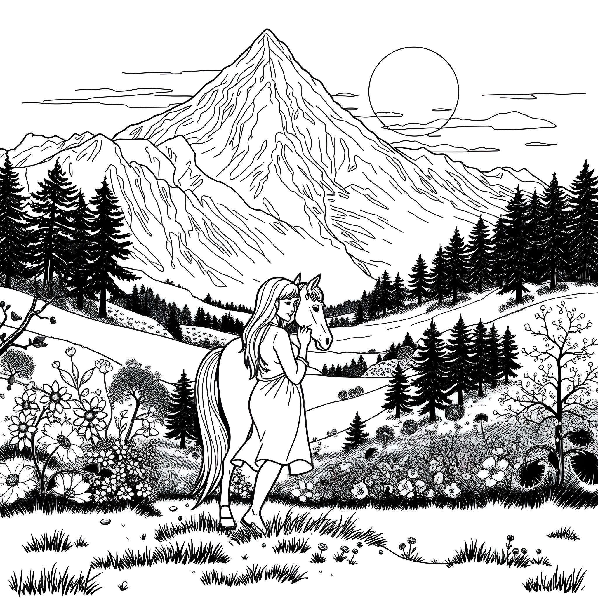 Woman standing in a mountainous meadow with a horse Coloring Page (free black-and-white line drawing printable PDF for all, from beginners to advanced learners, including children, teens, adults, and seniors)