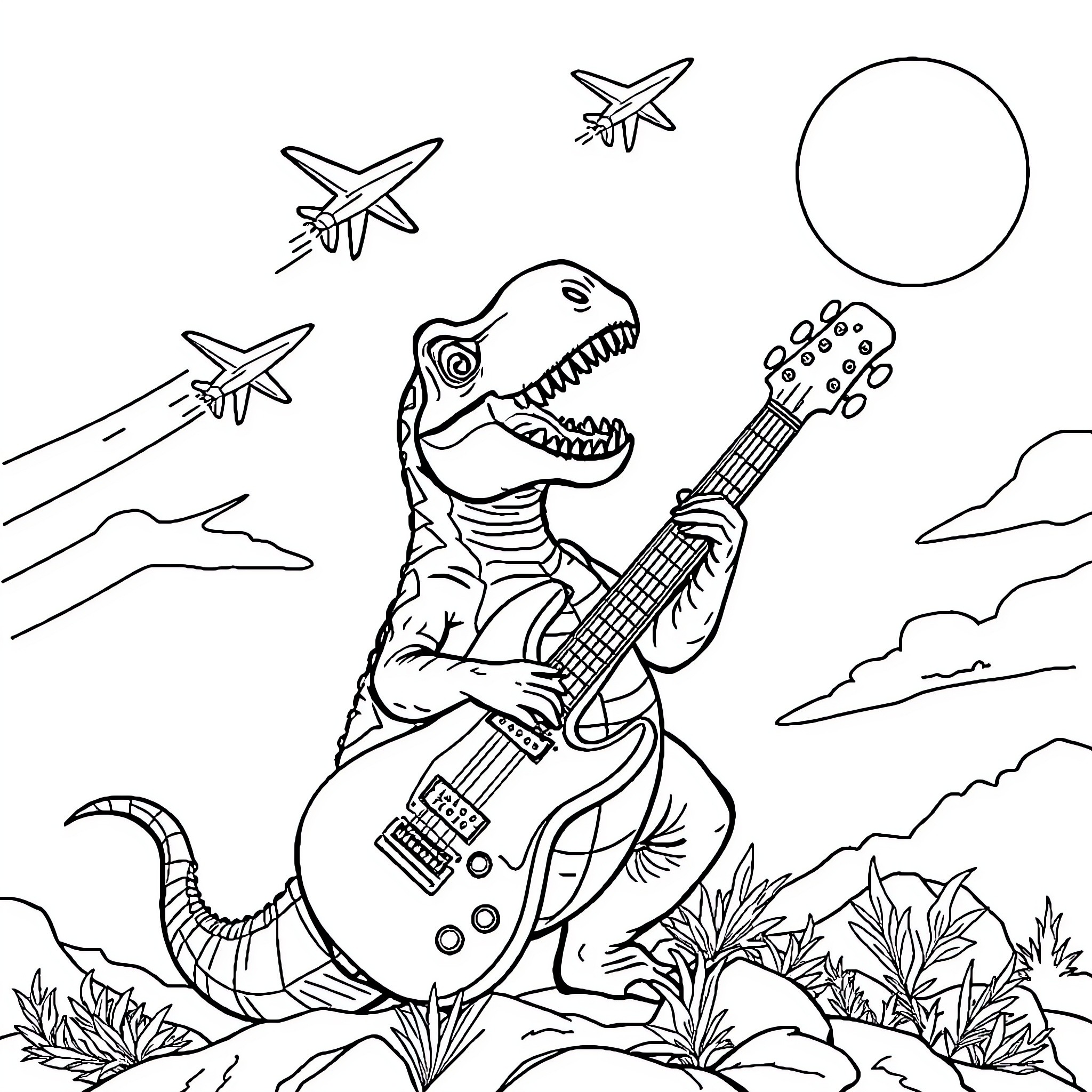 Dinosaur playing electric guitar on stage Coloring Page (free black-and-white line drawing printable PDF for all, from beginners to advanced learners, including children, teens, adults, and seniors)