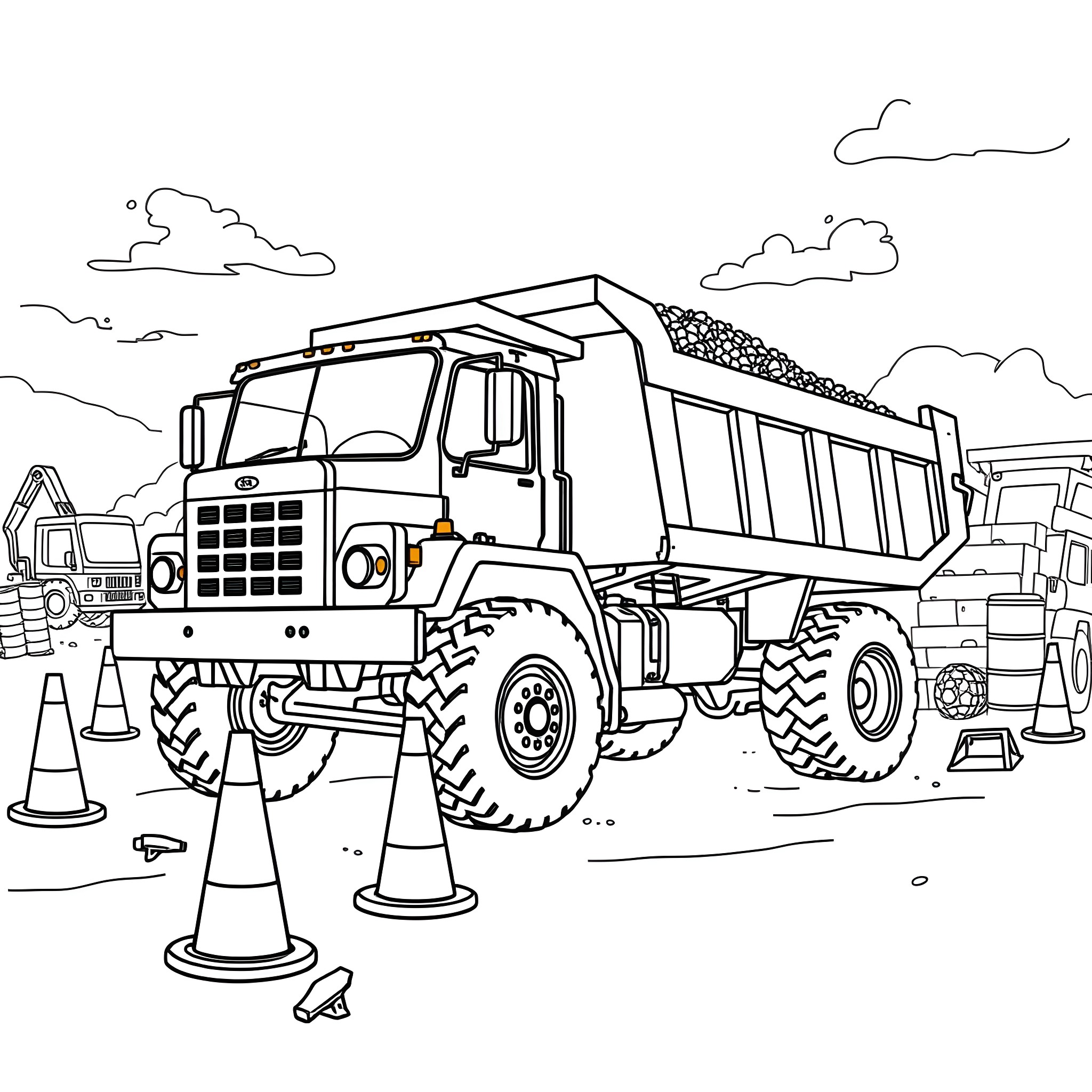 Dump Truck Transporting Construction Materials on Site Coloring Page (free black-and-white line drawing printable PDF for all, from beginners to advanced learners, including children, teens, adults, and seniors)
