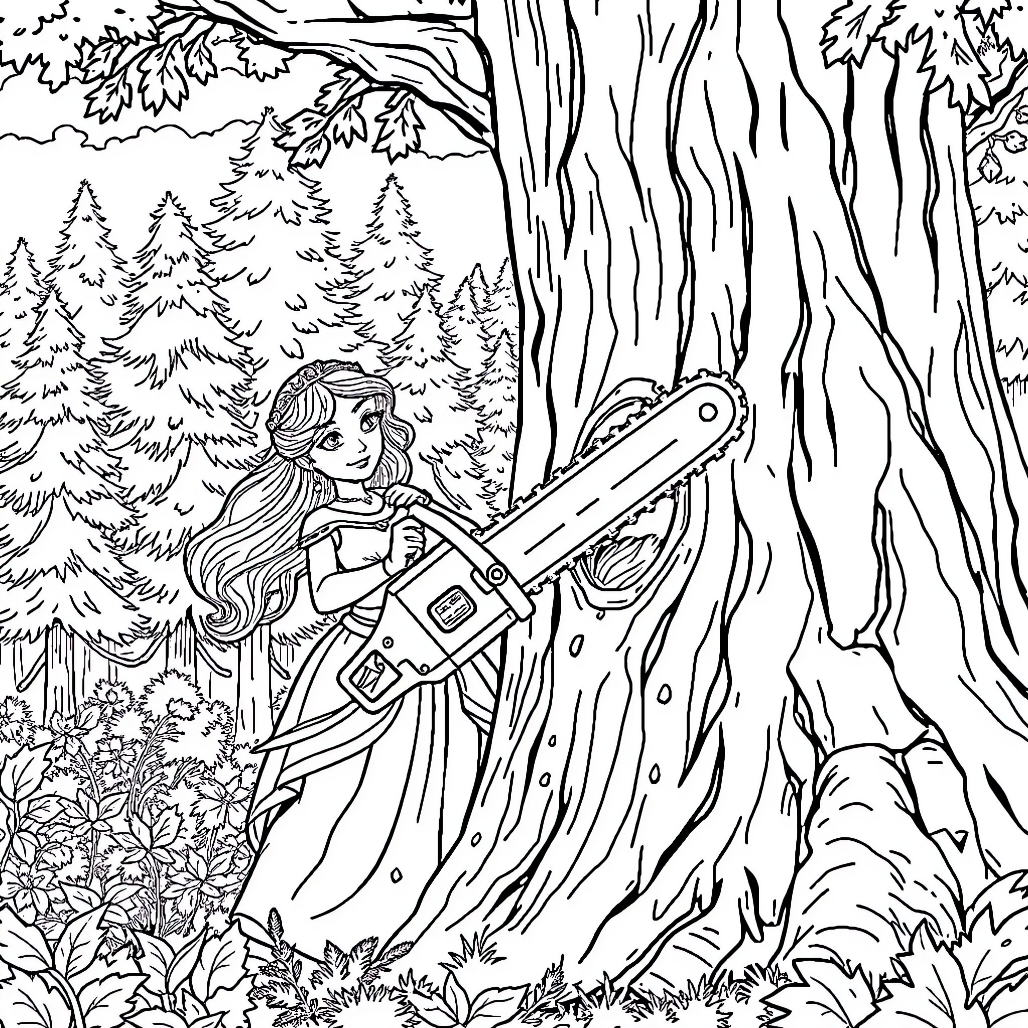 Princess Exploring the Enchanted Forest Coloring Page (free black-and-white line drawing printable PDF for all, from beginners to advanced learners, including children, teens, adults, and seniors)