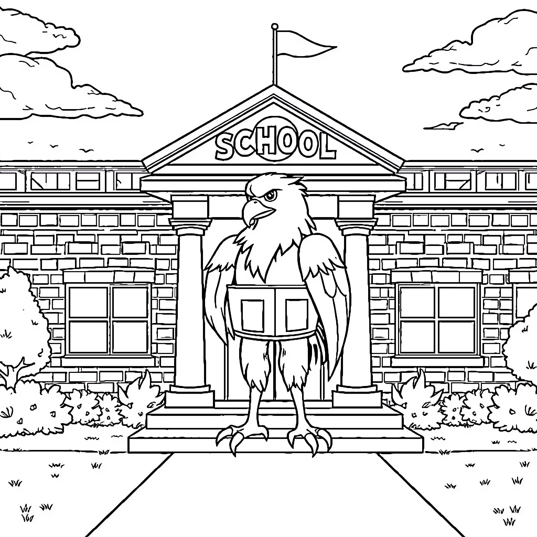 Eagle perched proudly atop the school building Coloring Page (free black-and-white line drawing printable PDF for all, from beginners to advanced learners, including children, teens, adults, and seniors)