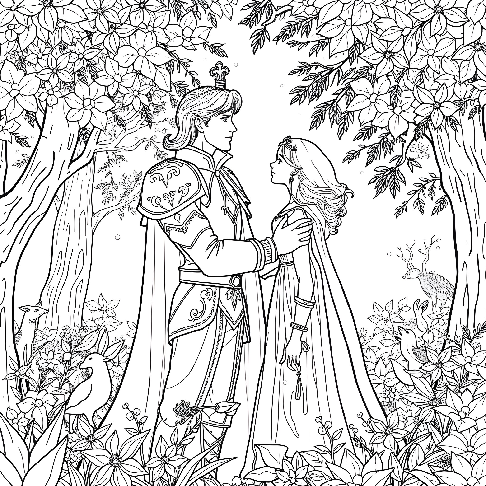 Prince and Princess in Enchanted Floral Forest Coloring Page (free black-and-white line drawing printable PDF for all, from beginners to advanced learners, including children, teens, adults, and seniors)