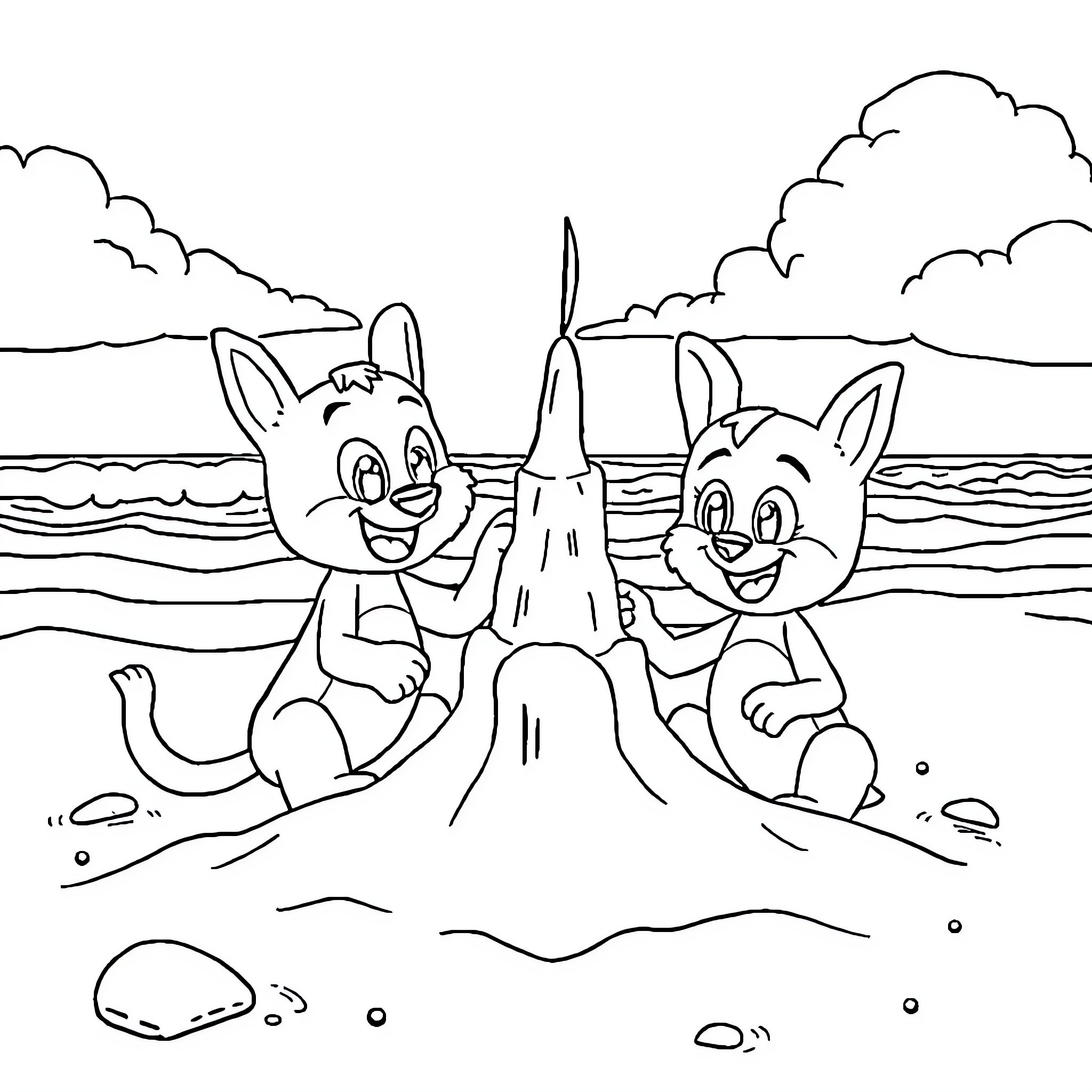 Bluey and Bingo building a sandcastle on the beach Coloring Page (free black-and-white line drawing printable PDF for all, from beginners to advanced learners, including children, teens, adults, and seniors)