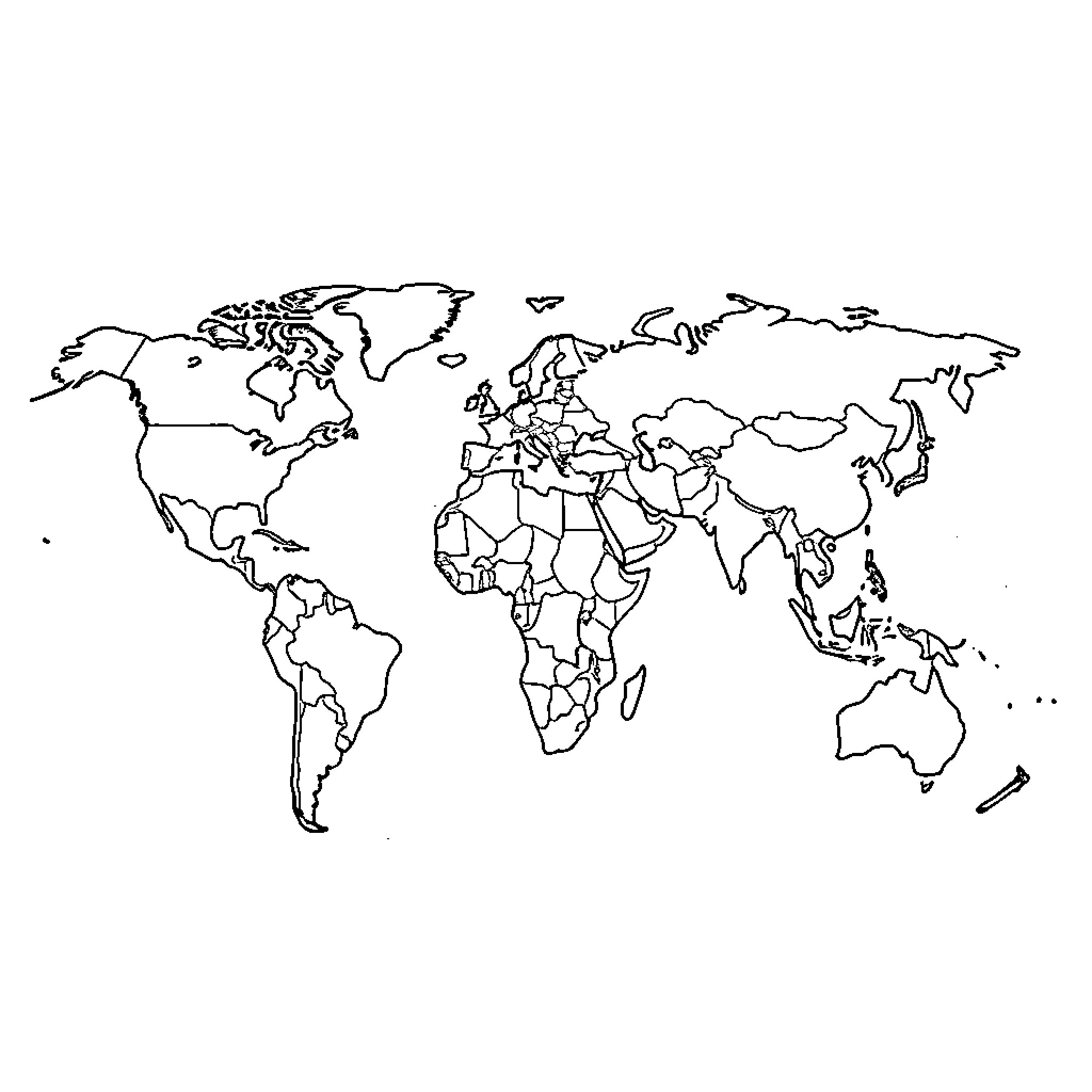 Map of the world outlined in black Coloring Page (free black-and-white line drawing printable PDF for all, from beginners to advanced learners, including children, teens, adults, and seniors)
